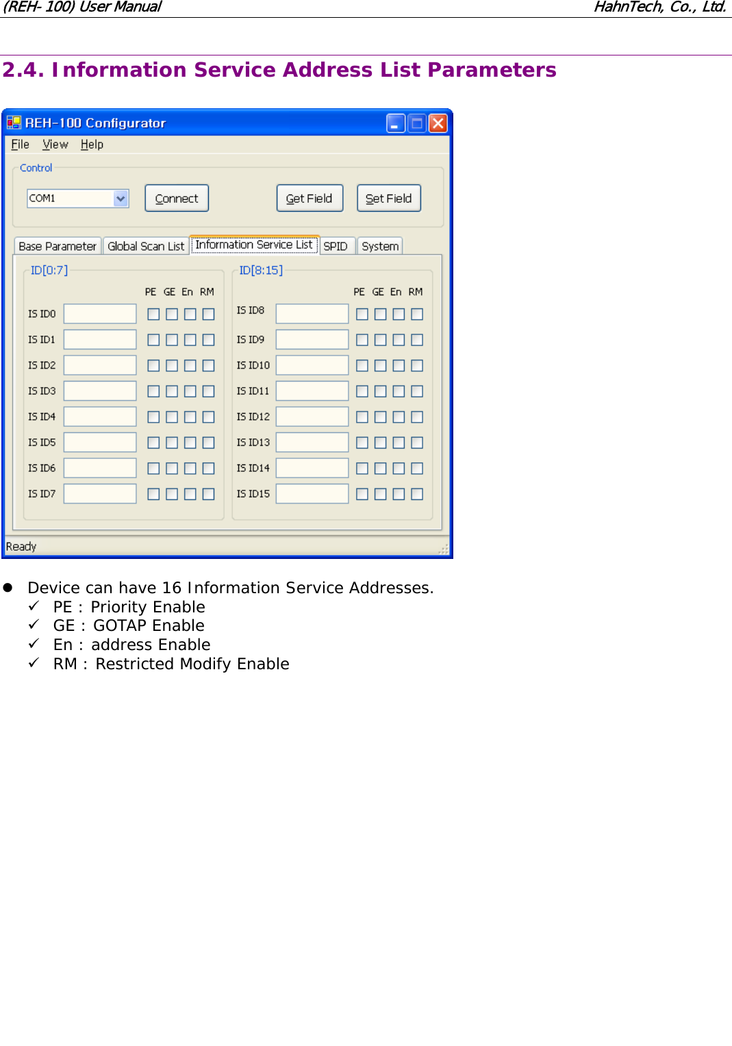 (REH-100) User Manual HahnTech, Co., Ltd. 2.4. Information Service Address List Parameters z Device can have 16 Information Service Addresses. 9 PE : Priority Enable 9 GE : GOTAP Enable 9 En : address Enable 9 RM : Restricted Modify Enable