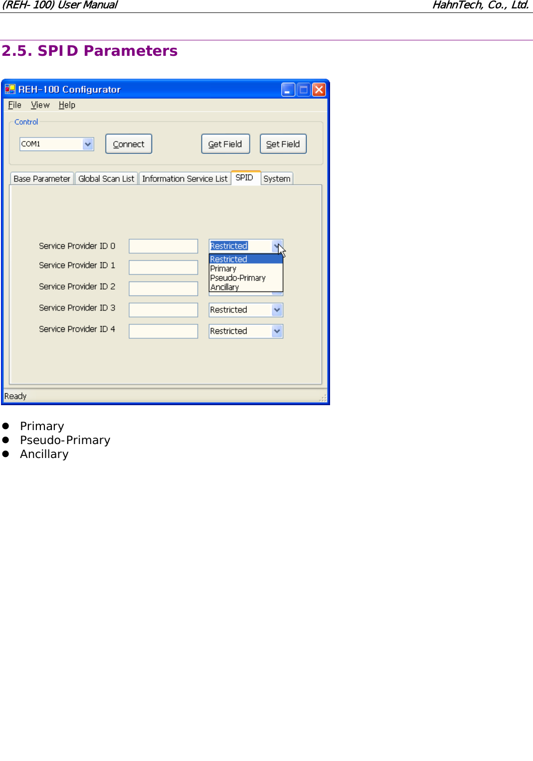 (REH-100) User Manual HahnTech, Co., Ltd. 2.5. SPID Parameters z Primary z Pseudo-Primary z Ancillary
