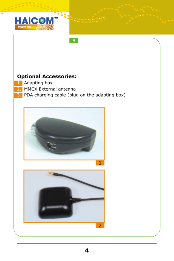 Optional Accessories:121.2.3.Adapting boxMMCX External antennaPDA charging cable (plug on the adapting box)44