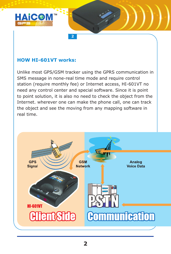 HOW HI-601VT works:Unlike most GPS/GSM tracker using the GPRS communication in SMS message in none-real time mode and require control station (require monthly fee) or Internet access, HI-601VT no need any control center and special software. Since it is point to point solution, it is also no need to check the object from the Internet. wherever one can make the phone call, one can track the object and see the moving from any mapping software in real time. 22