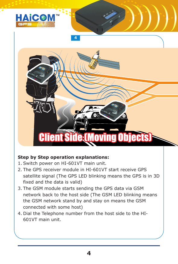 Step by Step operation explanations:1.Switch power on HI-601VT main unit.2.The GPS receiver module in HI-601VT start receive GPS satellite signal (The GPS LED blinking means the GPS is in 3D fixed and the data is valid)3.The GSM module starts sending the GPS data via GSM network back to the host side (The GSM LED blinking means the GSM network stand by and stay on means the GSM connected with some host)4.Dial the Telephone number from the host side to the HI-601VT main unit.44