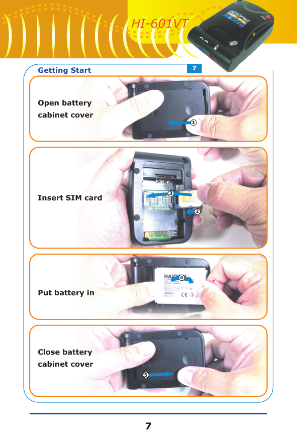 Open battery cabinet coverInsert SIM cardPut battery inClose battery cabinet cover34152Getting Start77HI-601VT