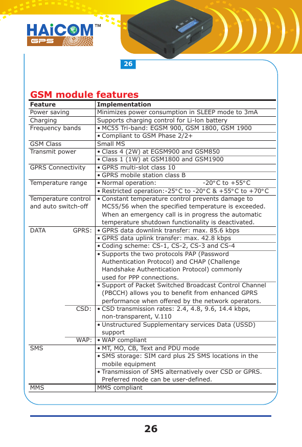 GSM module featuresFeaturePower savingChargingFrequency bandsGSM ClassTransmit powerGPRS ConnectivityTemperature rangeTemperature control and auto switch-offDATA             GPRS:                      CSD:                      WAP:SMSMMSImplementationMinimizes power consumption in SLEEP mode to 3mASupports charging control for Li-lon battery&bull;MC55 Tri-band: EGSM 900, GSM 1800, GSM 1900&bull;Compliant to GSM Phase 2/2+Small MS&bull;Class 4 (2W) at EGSM900 and GSM850&bull;Class 1 (1W) at GSM1800 and GSM1900&bull;GPRS multi-slot class 10&bull;GPRS mobile station class B&bull;Normal operation:                      -20&deg;C to +55&deg;C&bull;Restricted operation:-25&deg;C to -20&deg;C &amp; +55&deg;C to +70&deg;C&bull;Constant temperature control prevents damage to MC55/56 when the specified temperature is exceeded. When an emergency call is in progress the automatic temperature shutdown functionality is deactivated.&bull;GPRS data downlink transfer: max. 85.6 kbps&bull;GPRS data uplink transfer: max. 42.8 kbps&bull;Coding scheme: CS-1, CS-2, CS-3 and CS-4&bull;Supports the two protocols PAP (Password Authentication Protocol) and CHAP (Challenge Handshake Authentication Protocol) commonly used for PPP connections.&bull;Support of Packet Switched Broadcast Control Channel (PBCCH) allows you to benefit from enhanced GPRS performance when offered by the network operators.&bull;CSD transmission rates: 2.4, 4.8, 9.6, 14.4 kbps, non-transparent, V.110&bull;Unstructured Supplementary services Data (USSD) support&bull;WAP compliant&bull;MT, MO, CB, Text and PDU mode&bull;SMS storage: SIM card plus 25 SMS locations in the mobile equipment&bull;Transmission of SMS alternatively over CSD or GPRS. Preferred mode can be user-defined.MMS compliant2626