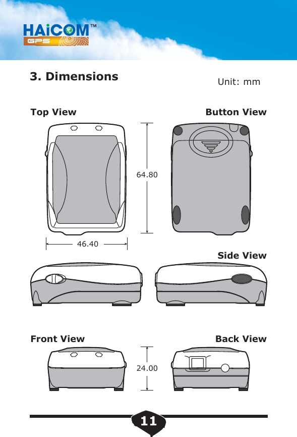 3. Dimensions Unit: mm46.4064.8024.00Top ViewFront ViewButton ViewSide ViewBack View11