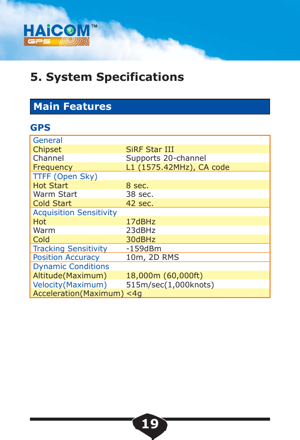 5. System SpecificationsMain FeaturesGPSGeneralChipsetChannelFrequencyTTFF (Open Sky)Hot StartWarm StartCold StartAcquisition SensitivityHotWarmColdTracking SensitivityPosition AccuracyDynamic ConditionsAltitude(Maximum)Velocity(Maximum)Acceleration(Maximum)SiRF Star IIISupports 20-channelL1 (1575.42MHz), CA code8 sec.38 sec.42 sec.17dBHz23dBHz30dBHz-159dBm10m, 2D RMS18,000m (60,000ft)515m/sec(1,000knots)<4g19