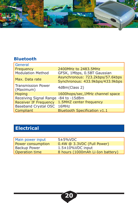 BluetoothGeneralFrequencyModulation MethodMax. Data rateTransmission Power(Maximum)HopingReceiving Signal RangeReceiver IF FrequencyBaseband Crystal OSCCompliant2400MHz to 2483.5MHzGFSK, 1Mbps, 0.5BT GaussianAsynchronous: 723.2kbps/57.6kbpsSynchronous: 433.9kbps/433.9kbps4dBm(Class 2)1600hops/sec,1MHz channel space-84 to -15dBm1.5MHZ center frequency16MHzBluetooth Specification v1.1ElectricalMain power inputPower consumptionBackup PowerOperation time5&plusmn;5%VDC0.4W @ 3.3VDC (Full Power)1.5&plusmn;10%VDC input8 hours (1000mAh Li-Ion battery)20