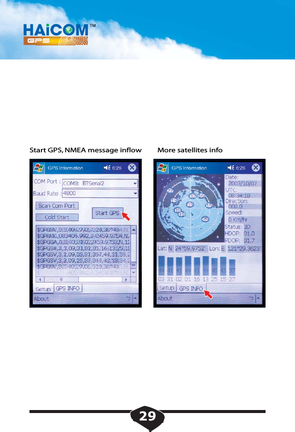 Start GPS, NMEA message inflow  More satellites info29
