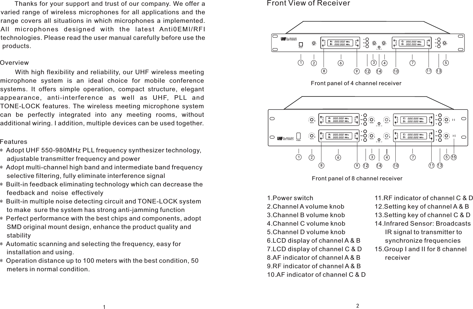 Front View of Receiver2C:D:A:B:A:B:C:D:10128911 131234567141510128911 131234567A:B:C:D:14Front panel of 4 channel receiverFront panel of 8 channel receiver1.Power switch2.Channel A volume knob3.Channel B volume knob4.Channel C volume knob5.Channel D volume knob6.LCD display of channel A &amp; B7.LCD display of channel C &amp; D8.AF indicator of channel A &amp; B9.RF indicator of channel A &amp; B10.AF indicator of channel C &amp; D11.RF indicator of channel C &amp; D12.Setting key of channel A &amp; B13.Setting key of channel C &amp; D14.Infrared Sensor: Broadcasts       IR signal to transmitter to       synchronize frequencies15.Group I and II for 8 channel       receiver1             Features* Adopt UHF 550-980MHz PLL frequency synthesizer technology,     adjustable transmitter frequency and power* Adopt multi-channel high band and intermediate band frequency     selective filtering, fully eliminate interference signal* Built-in feedback eliminating technology which can decrease the    feedback and  noise  effectively* Built-in multiple noise detecting circuit and TONE-LOCK system     to make  sure the system has strong anti-jamming function* Perfect performance with the best chips and components, adopt     SMD original mount design, enhance the product quality and     stability* Automatic scanning and selecting the frequency, easy for     installation and using.* Operation distance up to 100 meters with the best condition, 50     meters in normal condition.      Thanks for your support and trust of our company. We offer a varied  range  of  wireless  microphones  for  all  applications  and  the range  covers  all  situations  in  which  microphones  a  implemented. Al l  mi c ro p ho n es  d es i gn e d  w i t h  t h e  l a t e s t  An t i0 E MI / RF Itechnologies. Please read the user manual carefully before use the products.           With  high  flexibility  and reliability, our  UHF wireless  meeting microphone  system  is  an  ideal  choice  for  mobile  conference systems.  It  offers  simple  operation,  compact  structure,  elegant appearance ,  anti-interf e r ence  as  we l l  as  UHF,  PLL  and TONE-LOCK  features.  The  wireless  meeting  microphone  system can  be  perfectly  integrated  into  any  meeting  rooms,  withoutadditional wiring. I addition, multiple devices can be used together.Overview