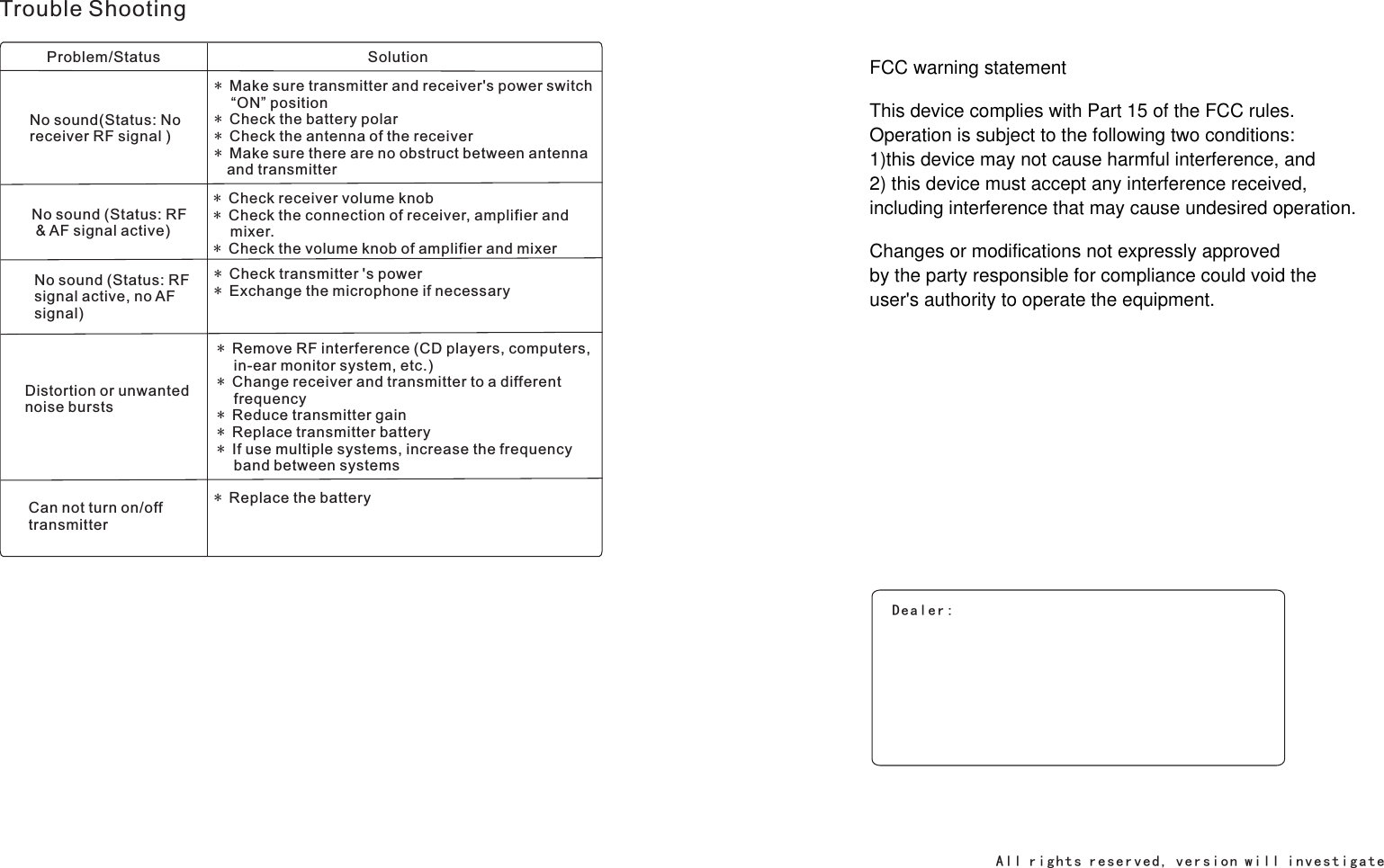 Trouble ShootingProblem/Status SolutionNo sound(Status: No receiver RF signal )* Make sure transmitter and receiver's power switch    &ldquo;ON&rdquo; position* Check the battery polar* Check the antenna of the receiver* Make sure there are no obstruct between antenna   and transmitterNo sound (Status: RF &amp; AF signal active)* * Check the connection of receiver, amplifier and     mixer.* Check the volume knob of amplifier and mixerCheck receiver volume knob No sound (Status: RF signal active, no AF signal)* * Exchange the microphone if necessaryCheck transmitter 's powerDistortion or unwanted noise bursts*     in-ear monitor system, etc.)* Change receiver and transmitter to a different    frequency* Reduce transmitter gain* Replace transmitter battery* If use multiple systems, increase the frequency    band between systemsRemove RF interference (CD players, computers, Can not turn on/off transmitter* Replace the batteryDealer:Al l r i g h t s re s e r ve d, v e r s io n w i l l i n ve s t i ga te FCC warning statementThis device complies with Part 15 of the FCC rules. Operation is subject to the following two conditions: 1)this device may not cause harmful interference, and 2) this device must accept any interference received,including interference that may cause undesired operation.Changes or modifications not expressly approved by the party responsible for compliance could void theuser's authority to operate the equipment.