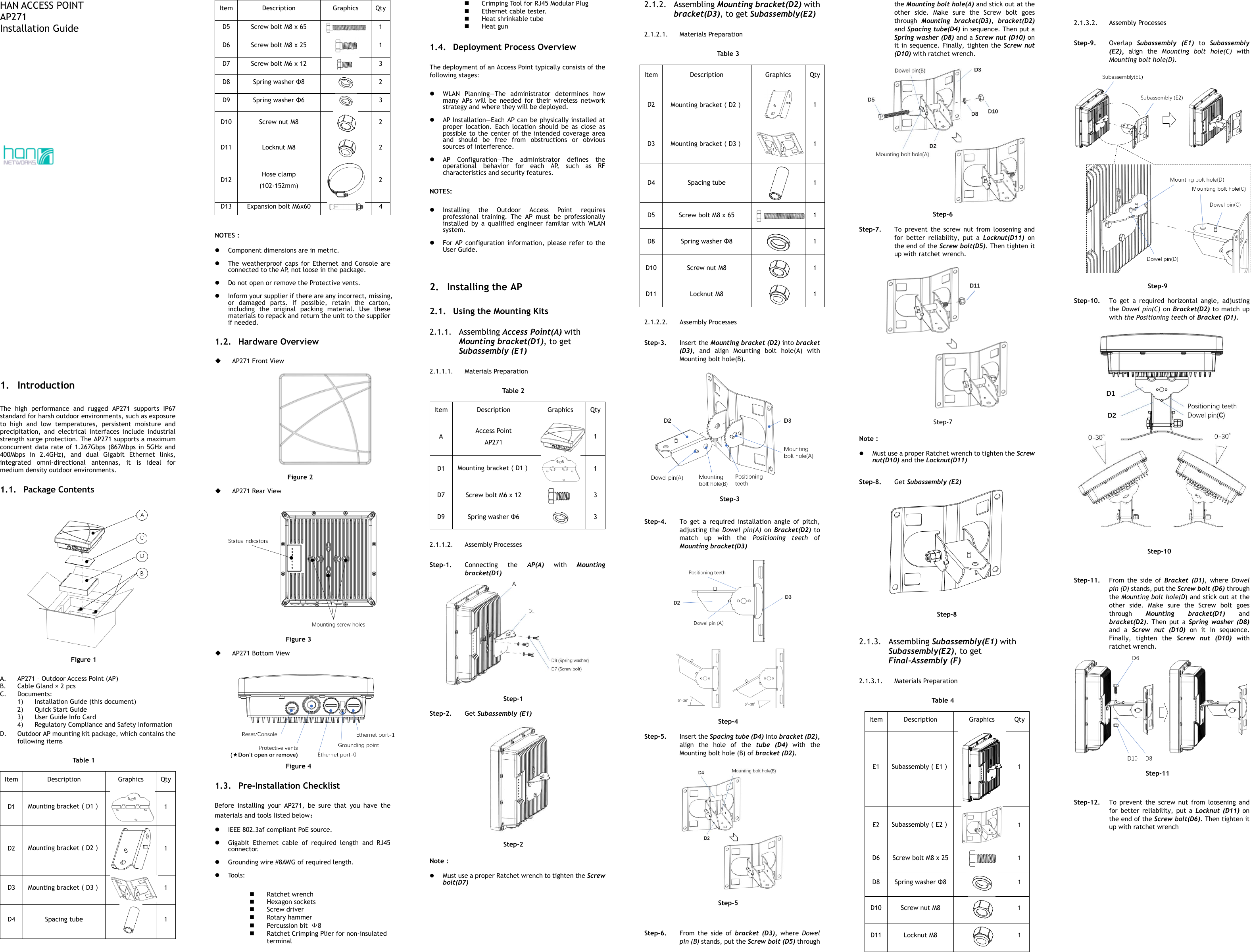 HAN ACCESS POINT AP271 Installation Guide                                     1. Introduction The  high  performance  and  rugged  AP271  supports  IP67 standard for harsh outdoor environments, such as exposure to  high  and  low  temperatures,  persistent  moisture  and precipitation,  and  electrical  interfaces  include  industrial strength surge protection. The AP271 supports a maximum concurrent  data  rate of 1.267Gbps  (867Mbps  in  5GHz and 400Mbps  in  2.4GHz),  and  dual  Gigabit  Ethernet  links, integrated  omni-directional  antennas,  it  is  ideal  for medium density outdoor environments.  1.1. Package Contents  Figure 1 A. AP271 – Outdoor Access Point (AP) B. Cable Gland × 2 pcs C. Documents: 1) Installation Guide (this document)   2) Quick Start Guide 3) User Guide Info Card 4) Regulatory Compliance and Safety Information D. Outdoor AP mounting kit package, which contains the following items Table 1 Item Description Graphics Qty D1 Mounting bracket（D1）  1 D2 Mounting bracket（D2）  1 D3 Mounting bracket（D3）  1 D4 Spacing tube  1 Item Description Graphics Qty D5 Screw bolt M8 x 65  1 D6 Screw bolt M8 x 25  1 D7 Screw bolt M6 x 12  3 D8 Spring washer Φ8  2 D9 Spring washer Φ6  3 D10 Screw nut M8  2 D11 Locknut M8  2 D12 Hose clamp   (102-152mm)  2 D13 Expansion bolt M6x60  4  NOTES：  Component dimensions are in metric.  The  weatherproof  caps  for  Ethernet  and  Console  are connected to the AP, not loose in the package.  Do not open or remove the Protective vents.  Inform your supplier if there are any incorrect, missing, or  damaged  parts.  If  possible,  retain  the  carton, including  the  original  packing  material.  Use  these materials to repack and return the unit to the supplier if needed. 1.2. Hardware Overview  AP271 Front View                     Figure 2  AP271 Rear View    Figure 3  AP271 Bottom View   Figure 4 1.3. Pre-Installation Checklist Before  installing  your  AP271,  be  sure  that  you  have  the materials and tools listed below：  IEEE 802.3af compliant PoE source.  Gigabit  Ethernet  cable  of  required  length  and  RJ45 connector.  Grounding wire #8AWG of required length.  Tools:  Ratchet wrench  Hexagon sockets  Screw driver  Rotary hammer  Percussion bit  Φ8  Ratchet Crimping Plier for non-insulated terminal  Crimping Tool for RJ45 Modular Plug  Ethernet cable tester.  Heat shrinkable tube  Heat gun 1.4. Deployment Process Overview The deployment of an Access Point typically consists of the following stages:  WLAN  Planning—The  administrator  determines  how many  APs  will  be  needed  for  their  wireless  network strategy and where they will be deployed.  AP Installation—Each AP can be physically installed at proper  location.  Each  location  should  be  as  close  as possible to the  center of  the intended coverage area and  should  be  free  from  obstructions  or  obvious sources of interference.  AP  Configuration—The  administrator  defines  the operational  behavior  for  each  AP,  such  as  RF characteristics and security features. NOTES:  Installing  the  Outdoor  Access  Point  requires professional  training.  The  AP  must  be  professionally installed  by  a  qualified  engineer  familiar  with  WLAN system.    For AP  configuration  information,  please  refer  to the User Guide.  2. Installing the AP   2.1. Using the Mounting Kits 2.1.1. Assembling Access Point(A) with Mounting bracket(D1), to get Subassembly (E1) 2.1.1.1. Materials Preparation Table 2 Item Description Graphics Qty A Access Point AP271  1 D1 Mounting bracket（D1）  1 D7 Screw bolt M6 x 12  3 D9 Spring washer Φ6  3 2.1.1.2. Assembly Processes Step-1. Connecting  the  AP(A)  with  Mounting bracket(D1)   Step-1     Step-2. Get Subassembly (E1)      Step-2 Note：  Must use a proper Ratchet wrench to tighten the Screw bolt(D7)  2.1.2. Assembling Mounting bracket(D2) with bracket(D3), to get Subassembly(E2) 2.1.2.1. Materials Preparation Table 3 Item Description Graphics Qty D2 Mounting bracket（D2）  1 D3 Mounting bracket（D3）  1 D4 Spacing tube  1 D5 Screw bolt M8 x 65  1 D8 Spring washer Φ8  1 D10 Screw nut M8  1 D11 Locknut M8  1 2.1.2.2. Assembly Processes Step-3. Insert the Mounting bracket (D2) into bracket (D3),  and  align  Mounting  bolt  hole(A)  with Mounting bolt hole(B).      Step-3  Step-4. To  get  a  required  installation  angle  of  pitch, adjusting  the  Dowel  pin(A)  on  Bracket(D2) to match  up  with  the  Positioning  teeth  of Mounting bracket(D3)    Step-4   Step-5. Insert the Spacing tube (D4) into bracket (D2), align  the  hole  of  the  tube  (D4)  with  the Mounting bolt hole (B) of bracket (D2).    Step-5   Step-6. From  the  side  of bracket  (D3),  where Dowel pin (B) stands, put the Screw bolt (D5) through the Mounting bolt hole(A) and stick out at the other  side.  Make  sure  the  Screw  bolt  goes through  Mounting  bracket(D3),  bracket(D2) and Spacing tube(D4) in sequence. Then put a Spring washer (D8) and a Screw nut (D10) on it in sequence. Finally,  tighten the Screw nut (D10) with ratchet wrench.    Step-6 Step-7. To  prevent  the  screw  nut  from  loosening  and for  better  reliability,  put  a  Locknut(D11)  on the end of the Screw bolt(D5). Then tighten it up with ratchet wrench.    Step-7 Note：  Must use a proper Ratchet wrench to tighten the Screw nut(D10) and the Locknut(D11)  Step-8. Get Subassembly (E2)    Step-8  2.1.3. Assembling Subassembly(E1) with Subassembly(E2), to get Final-Assembly (F) 2.1.3.1. Materials Preparation Table 4 Item Description Graphics Qty E1 Subassembly（E1）  1 E2 Subassembly（E2）  1 D6 Screw bolt M8 x 25  1 D8 Spring washer Φ8  1 D10 Screw nut M8  1 D11 Locknut M8  1  2.1.3.2. Assembly Processes Step-9. Overlap  Subassembly  (E1)  to  Subassembly (E2),  align  the  Mounting  bolt  hole(C)  with Mounting bolt hole(D).      Step-9 Step-10. To  get  a  required  horizontal  angle,  adjusting the Dowel pin(C) on Bracket(D2) to match up with the Positioning teeth of Bracket (D1).        Step-10  Step-11. From  the  side  of Bracket  (D1),  where  Dowel pin (D) stands, put the Screw bolt (D6) through the Mounting bolt hole(D) and stick out at the other  side.  Make  sure  the  Screw  bolt  goes through  Mounting bracket(D1)  and bracket(D2).  Then  put  a  Spring  washer  (D8) and  a  Screw  nut  (D10)  on  it  in  sequence. Finally,  tighten  the  Screw  nut  (D10)  with ratchet wrench.  Step-11  Step-12. To  prevent  the  screw  nut  from  loosening  and for  better  reliability,  put  a  Locknut  (D11)  on the end of the Screw bolt(D6). Then tighten it up with ratchet wrench 