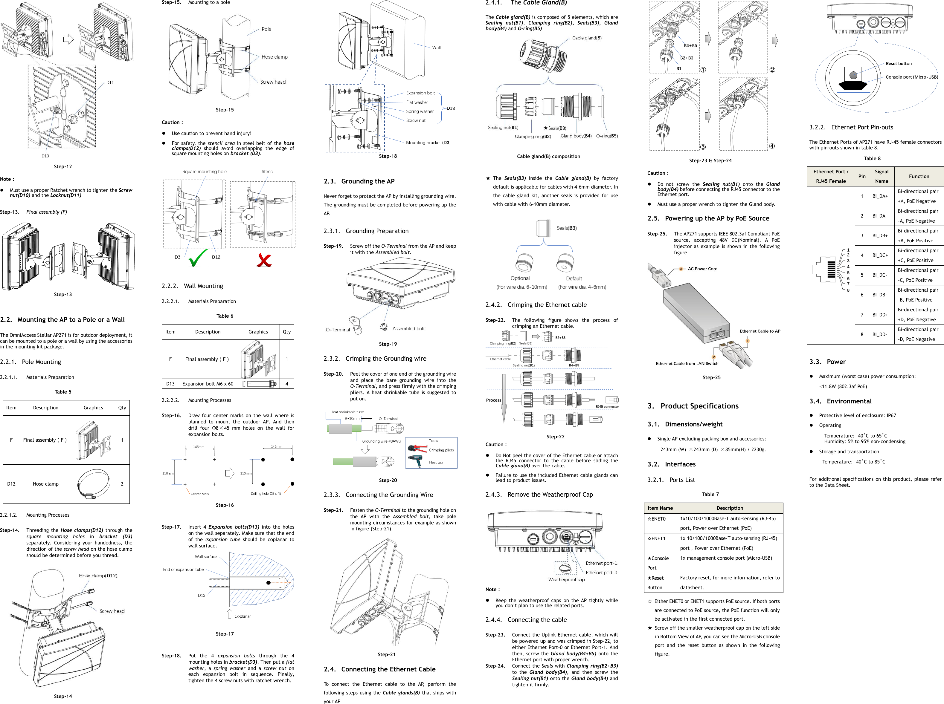   Step-12 Note：  Must use a proper Ratchet wrench to tighten the Screw nut(D10) and the Locknut(D11)  Step-13. Final assembly (F)         Step-13  2.2. Mounting the AP to a Pole or a Wall The OmniAccess Stellar AP271 is for outdoor deployment, it can be mounted to a pole or a wall by using the accessories in the mounting kit package. 2.2.1. Pole Mounting 2.2.1.1. Materials Preparation Table 5 Item Description Graphics Qty F Final assembly（F）  1 D12 Hose clamp  2 2.2.1.2. Mounting Processes Step-14. Threading  the Hose  clamps(D12)  through  the square  mounting  holes  in  bracket  (D3) separately.  Considering  your  handedness,  the direction of the screw head on the hose clamp should be determined before you thread.    Step-14  Step-15. Mounting to a pole    Step-15 Caution：  Use caution to prevent hand injury!  For  safety,  the  stencil area  in  steel  belt  of  the hose clamps(D12)  should  avoid  overlapping  the  edge  of square mounting holes on bracket (D3).    2.2.2. Wall Mounting 2.2.2.1. Materials Preparation Table 6 Item Description Graphics Qty F Final assembly（F）  1 D13 Expansion bolt M6 x 60  4 2.2.2.2. Mounting Processes Step-16. Draw  four  center  marks  on  the  wall  where  is planned  to  mount  the  outdoor  AP.  And  then drill  four  Φ8×45  mm  holes  on  the  wall  for expansion bolts.    Step-16  Step-17. Insert  4  Expansion  bolts(D13) into  the  holes on the wall separately. Make sure that the end of  the  expansion  tube  should  be  coplanar  to wall surface.    Step-17  Step-18. Put  the  4  expansion  bolts  through  the  4 mounting holes in bracket(D3). Then put a flat washer,  a  spring  washer  and  a  screw  nut  on each  expansion  bolt  in  sequence.  Finally, tighten the 4 screw nuts with ratchet wrench.   Step-18  2.3. Grounding the AP Never forget to protect the AP by installing grounding wire. The grounding must be completed before powering up the AP. 2.3.1. Grounding Preparation Step-19. Screw off the O-Terminal from the AP and keep it with the Assembled bolt.       Step-19 2.3.2. Crimping the Grounding wire   Step-20. Peel the cover of one end of the grounding wire and  place  the  bare  grounding  wire  into  the O-Terminal, and press firmly with the crimping pliers.  A  heat  shrinkable  tube  is  suggested  to put on.      Step-20 2.3.3. Connecting the Grounding Wire Step-21. Fasten the O-Terminal to the grounding hole on the  AP  with  the  Assembled  bolt,  take  pole mounting circumstances for example as shown in figure (Step-21).    Step-21 2.4. Connecting the Ethernet Cable To  connect  the  Ethernet  cable  to  the  AP,  perform  the following steps using  the  Cable  glands(B)  that ships with your AP 2.4.1.  The Cable Gland(B) The Cable gland(B) is composed of 5 elements, which are Sealing  nut(B1),  Clamping  ring(B2),  Seals(B3),  Gland body(B4) and O-ring(B5)     Cable gland(B) composition      ★ The  Seals(B3)  inside  the  Cable  gland(B)  by  factory default is applicable for cables with 4-6mm diameter. In the  cable  gland  kit,  another  seals  is  provided  for  use with cable with 6-10mm diameter.       2.4.2. Crimping the Ethernet cable Step-22. The  following  figure  shows  the  process  of crimping an Ethernet cable.        Step-22 Caution：  Do Not peel the cover of the Ethernet cable or attach the  RJ45  connector  to  the  cable  before  sliding  the Cable gland(B) over the cable.  Failure to use the included Ethernet cable glands can lead to product issues. 2.4.3. Remove the Weatherproof Cap  Note：  Keep  the  weatherproof  caps  on  the  AP  tightly  while you don’t plan to use the related ports. 2.4.4. Connecting the cable Step-23. Connect the Uplink Ethernet cable, which will be powered up and was crimped in Step-22, to either Ethernet Port-0 or Ethernet Port-1. And then,  screw  the  Gland  body(B4+B5)  onto  the Ethernet port with proper wrench. Step-24. Connect the Seals with  Clamping ring(B2+B3) to  the  Gland  body(B4),  and  then  screw  the Sealing nut(B1) onto the Gland body(B4) and tighten it firmly.     Step-23 &amp; Step-24 Caution：  Do  not  screw  the  Sealing  nut(B1)  onto  the  Gland body(B4) before connecting the RJ45 connector to the Ethernet port.  Must use a proper wrench to tighten the Gland body. 2.5. Powering up the AP by PoE Source Step-25. The AP271 supports IEEE 802.3af Compliant PoE source,  accepting  48V  DC(Nominal).  A  PoE injector  as  example  is  shown  in  the  following figure.      Step-25  3. Product Specifications 3.1. Dimensions/weight  Single AP excluding packing box and accessories: 243mm (W)  ×243mm (D)  ×85mm(H) / 2230g. 3.2. Interfaces 3.2.1. Ports List Table 7 Item Name Description ☆ENET0 1x10/100/1000Base-T auto-sensing (RJ-45) port, Power over Ethernet (PoE) ☆ENET1 1x 10/100/1000Base-T auto-sensing (RJ-45) port，Power over Ethernet (PoE) ★Console Port 1x management console port (Micro-USB) ★Reset Button Factory reset, for more information, refer to datasheet.  ☆ Either ENET0 or ENET1 supports PoE source. If both ports are connected to PoE source, the PoE function will only be activated in the first connected port. ★ Screw off the smaller weatherproof cap on the left side in Bottom View of AP, you can see the Micro-USB console port  and  the  reset  button  as  shown  in  the  following figure.   3.2.2. Ethernet Port Pin-outs The Ethernet Ports of AP271 have RJ-45 female connectors with pin-outs shown in table 8. Table 8 Ethernet Port / RJ45 Female Pin Signal Name Function  1 BI_DA+ Bi-directional pair +A, PoE Negative 2 BI_DA- Bi-directional pair -A, PoE Negative 3 BI_DB+ Bi-directional pair +B, PoE Positive 4 BI_DC+ Bi-directional pair +C, PoE Positive 5 BI_DC- Bi-directional pair -C, PoE Positive 6 BI_DB- Bi-directional pair -B, PoE Positive 7 BI_DD+ Bi-directional pair +D, PoE Negative 8 BI_DD- Bi-directional pair -D, PoE Negative  3.3. Power  Maximum (worst case) power consumption: &lt;11.8W (802.3af PoE)   3.4. Environmental  Protective level of enclosure: IP67  Operating Temperature: -40˚C to 65˚C Humidity: 5% to 95% non-condensing  Storage and transportation Temperature: -40˚C to 85˚C   For additional specifications on  this  product, please refer to the Data Sheet.    