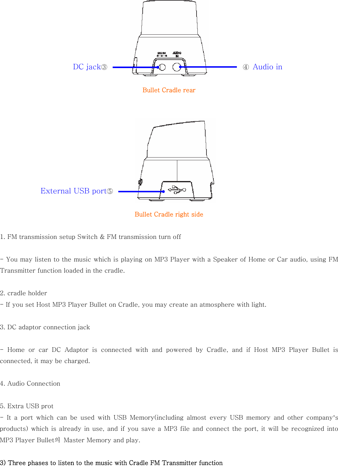          Bullet Cradle rear           Bullet Cradle right side  1. FM transmission setup Switch &amp; FM transmission turn off  - You may listen to the music which is playing on MP3 Player with a Speaker of Home or Car audio, using FM Transmitter function loaded in the cradle.  2. cradle holder - If you set Host MP3 Player Bullet on Cradle, you may create an atmosphere with light.  3. DC adaptor connection jack  - Home or car DC Adaptor is connected with and powered by Cradle,  and  if  Host  MP3  Player  Bullet  is connected, it may be charged.  4. Audio Connection  5. Extra USB prot - It a port which can be used with USB Memory(including almost every  USB  memory  and  other  company’s products) which is already in use, and if you save a MP3 file and connect the  port, it  will be recognized  into MP3 Player Bullet의  Master Memory and play.  3) Three phases to listen to the music with Cradle FM Transmitter function DC jack③ ④  Audio in External USB port⑤ 