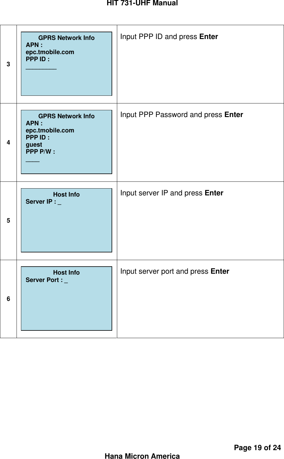 HIT 731-UHF Manual Page 19 of 24 Hana Micron America 3   Input PPP ID and press Enter  4   Input PPP Password and press Enter  5   Input server IP and press Enter  6   Input server port and press Enter           GPRS Network Info APN : epc.tmobile.com PPP ID : _________ Host Info Server IP : _ Host Info Server Port : _ GPRS Network Info APN : epc.tmobile.com PPP ID : guest PPP P/W : ____ 