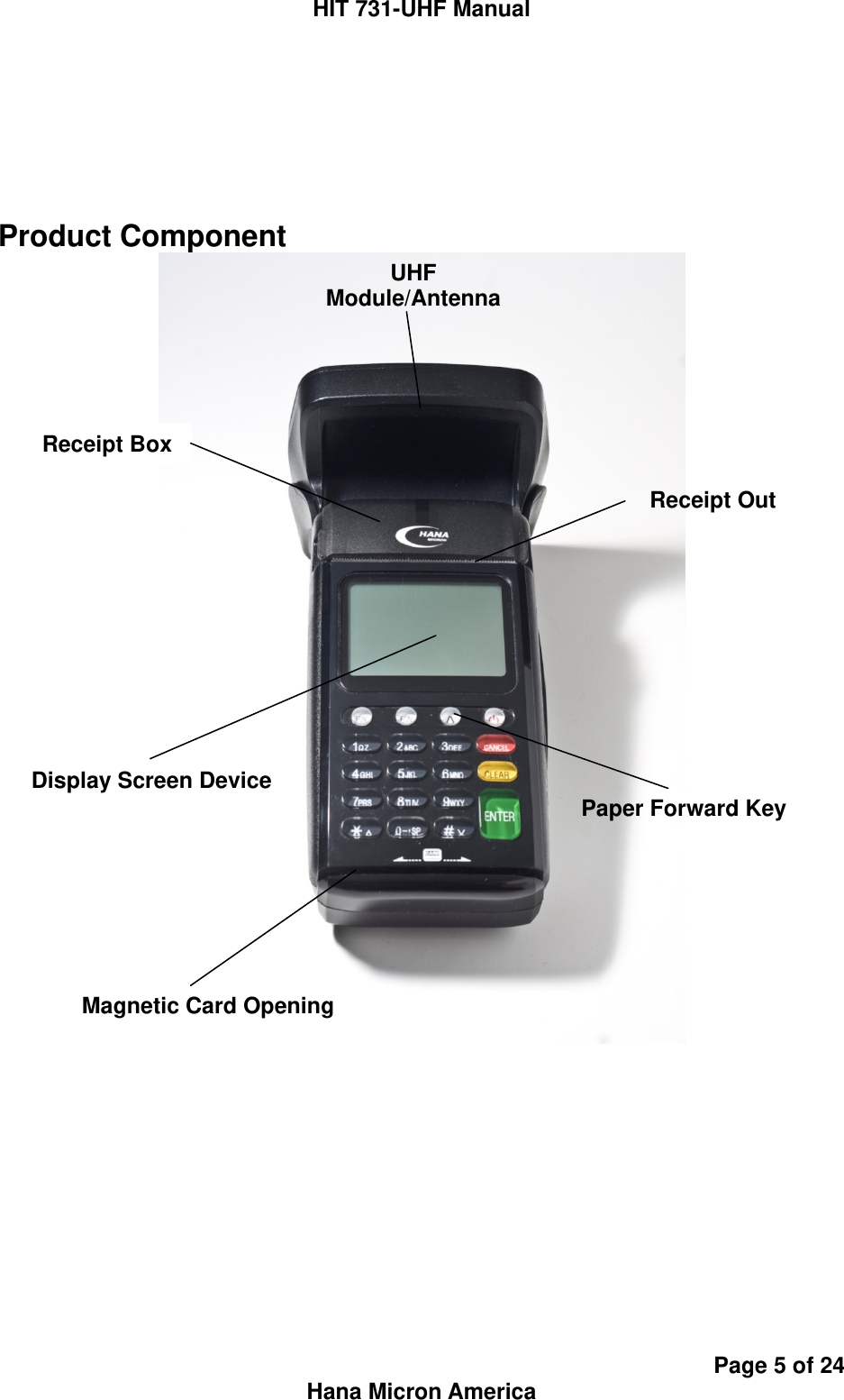 HIT 731-UHF Manual Page 5 of 24 Hana Micron America    Product Component   Receipt Box UHF Module/Antenna Receipt Out Display Screen Device  Paper Forward Key Magnetic Card Opening 