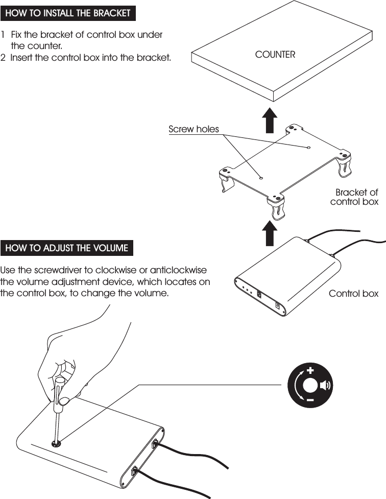 12 Insert the control box into the bracket.Fix the bracket of control box underthe counter. COUNTERControl boxHOW TO INSTALL THE BRACKETScrew holesHOW TO ADJUST THE VOLUMEUse the screwdriver to clockwise or anticlockwisethe volume adjustment device, which locates onthe control box, to change the volume.Bracket ofcontrol box