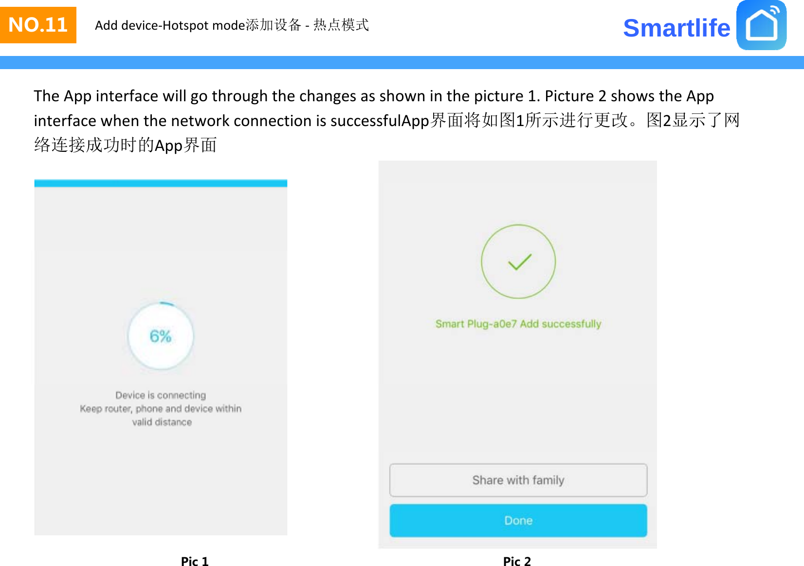 SmartlifeNO.3NO.11 Add device‐Hotspot mode添加设备 ‐热点模式TheAppinterfacewillgothroughthechangesasshowninthepicture1.Picture2showstheAppit f hth tk ti iflA界面将如图1所示进行更改图2显示了网interfacewhenthenetworkconnectionissuccessfulApp界面将如图1所示进行更改。图2显示了网络连接成功时的App界面Pic 1 Pic 2