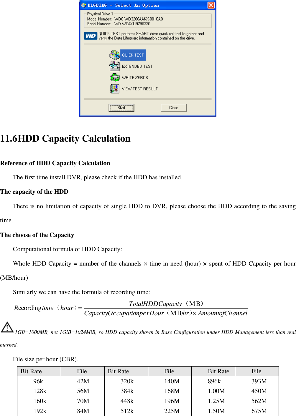  11.6 HDD Capacity Calculation Reference of HDD Capacity Calculation The first time install DVR, please check if the HDD has installed. The capacity of the HDD There is no limitation of capacity of single HDD to DVR, please choose the HDD according to the saving time. The choose of the Capacity Computational formula of HDD Capacity: Whole HDD Capacity = number of the channels × time in need (hour) × spent of HDD Capacity per hour (MB/hour) Similarly we can have the formula of recording time: annelAmountofChhrrHourcupationpeCapacityOcpacityTotalHDDCahourtimeR ）（）（）（ MB/MBecording 1GB=1000MB, not 1GiB=1024MiB, so HDD capacity shown in Base Configuration under HDD Management less than real marked. File size per hour (CBR). Bit Rate File Bit Rate File Bit Rate File 96k 42M 320k 140M 896k 393M 128k 56M 384k 168M 1.00M 450M 160k 70M 448k 196M 1.25M 562M 192k 84M 512k 225M 1.50M 675M 