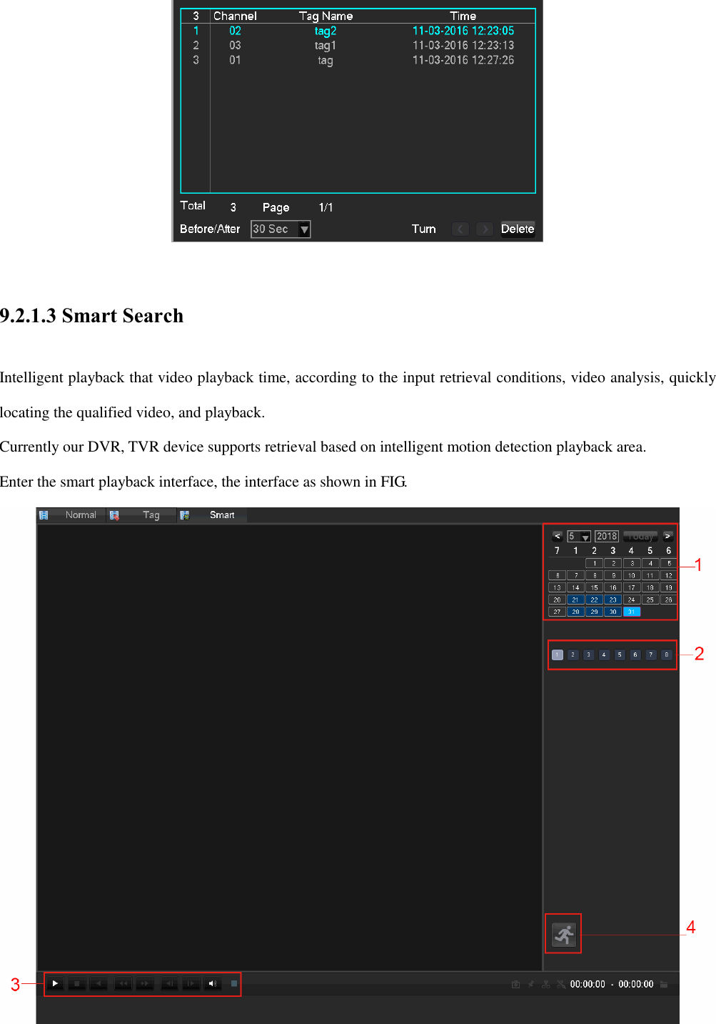   9.2.1.3 Smart Search Intelligent playback that video playback time, according to the input retrieval conditions, video analysis, quickly locating the qualified video, and playback. Currently our DVR, TVR device supports retrieval based on intelligent motion detection playback area. Enter the smart playback interface, the interface as shown in FIG.  