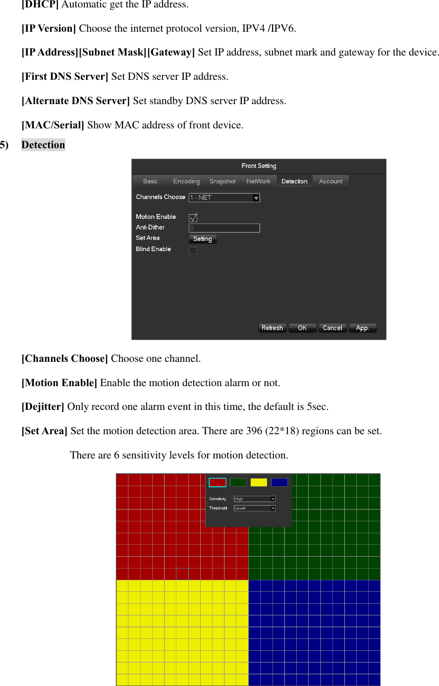 [DHCP] Automatic get the IP address. [IP Version] Choose the internet protocol version, IPV4 /IPV6. [IP Address][Subnet Mask][Gateway] Set IP address, subnet mark and gateway for the device. [First DNS Server] Set DNS server IP address. [Alternate DNS Server] Set standby DNS server IP address. [MAC/Serial] Show MAC address of front device. 5) Detection  [Channels Choose] Choose one channel. [Motion Enable] Enable the motion detection alarm or not. [Dejitter] Only record one alarm event in this time, the default is 5sec. [Set Area] Set the motion detection area. There are 396 (22*18) regions can be set.   There are 6 sensitivity levels for motion detection.  