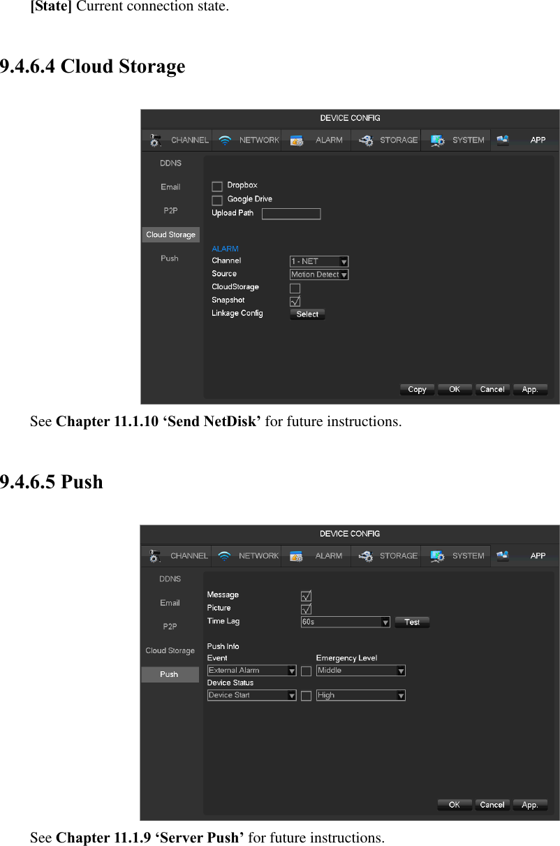 [State] Current connection state. 9.4.6.4 Cloud Storage  See Chapter 11.1.10 ‘Send NetDisk’ for future instructions. 9.4.6.5 Push  See Chapter 11.1.9 ‘Server Push’ for future instructions. 