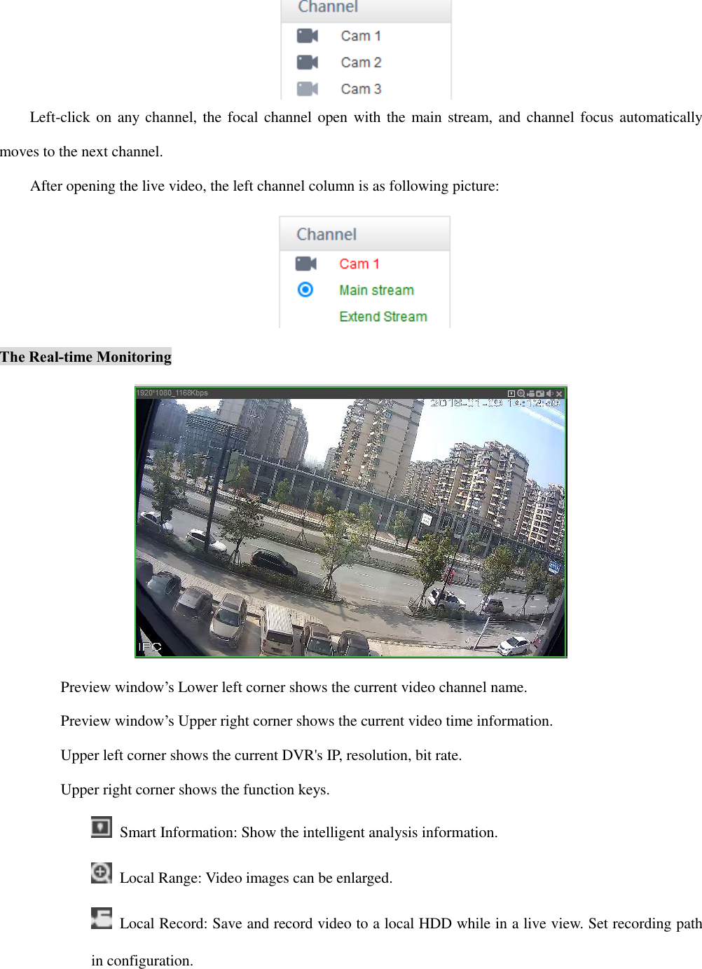  Left-click on  any channel, the focal channel open  with the main stream, and channel focus automatically moves to the next channel. After opening the live video, the left channel column is as following picture:  The Real-time Monitoring  Preview window’s Lower left corner shows the current video channel name. Preview window’s Upper right corner shows the current video time information. Upper left corner shows the current DVR&apos;s IP, resolution, bit rate. Upper right corner shows the function keys.   Smart Information: Show the intelligent analysis information.     Local Range: Video images can be enlarged.     Local Record: Save and record video to a local HDD while in a live view. Set recording path in configuration. 