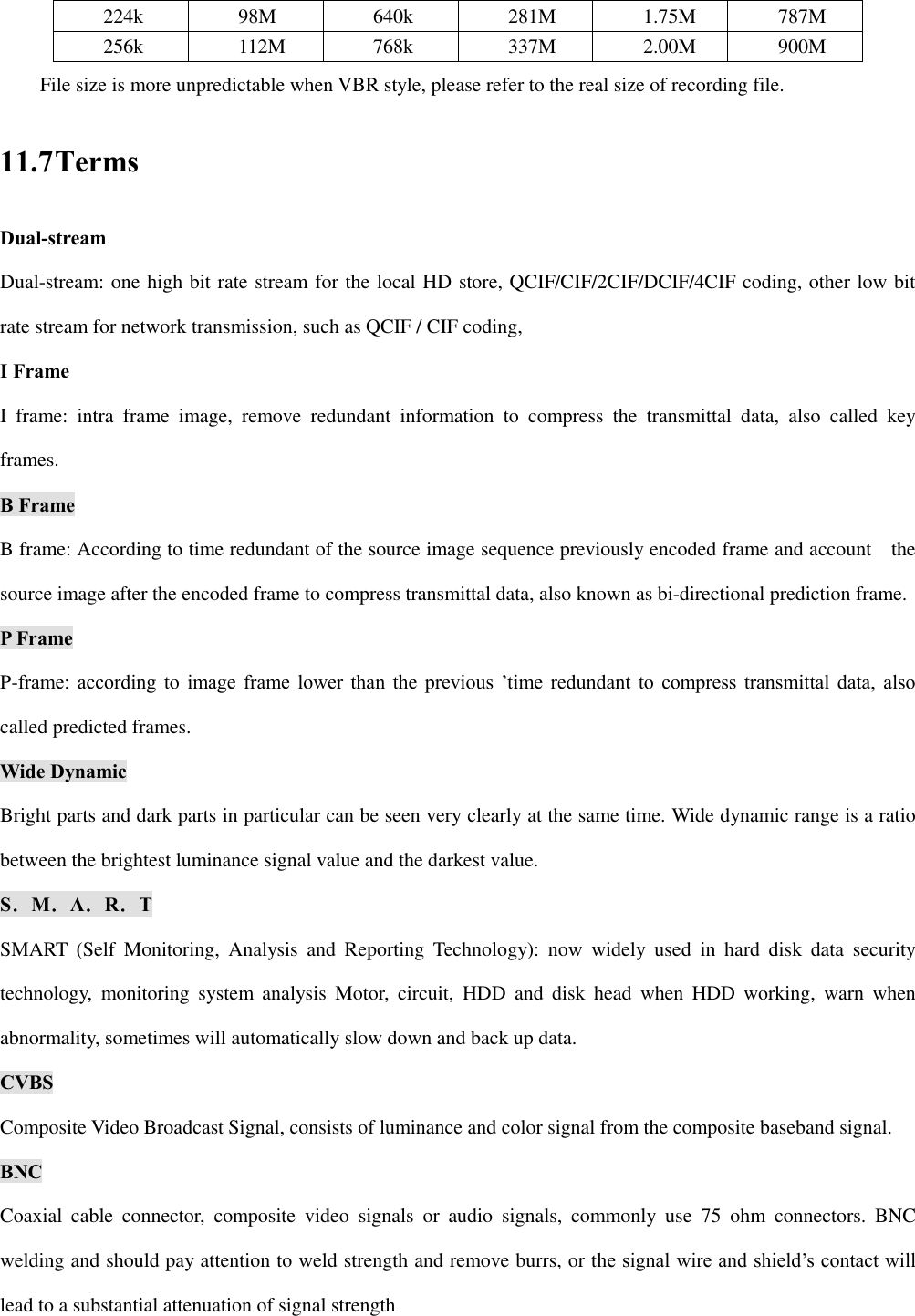 224k 98M 640k 281M 1.75M 787M 256k 112M 768k 337M 2.00M 900M File size is more unpredictable when VBR style, please refer to the real size of recording file. 11.7 Terms Dual-stream Dual-stream: one high bit rate stream for the local HD store, QCIF/CIF/2CIF/DCIF/4CIF coding, other low bit rate stream for network transmission, such as QCIF / CIF coding,   I Frame I  frame:  intra  frame  image,  remove  redundant  information  to  compress  the  transmittal  data,  also  called  key frames. B Frame B frame: According to time redundant of the source image sequence previously encoded frame and account    the source image after the encoded frame to compress transmittal data, also known as bi-directional prediction frame. P Frame P-frame: according to image frame lower than the previous ’time redundant to compress transmittal data, also called predicted frames. Wide Dynamic Bright parts and dark parts in particular can be seen very clearly at the same time. Wide dynamic range is a ratio between the brightest luminance signal value and the darkest value. S．M．A．R．T SMART  (Self  Monitoring,  Analysis  and  Reporting  Technology):  now  widely  used  in  hard  disk  data  security technology,  monitoring  system  analysis  Motor,  circuit,  HDD  and  disk  head  when  HDD  working,  warn  when abnormality, sometimes will automatically slow down and back up data. CVBS Composite Video Broadcast Signal, consists of luminance and color signal from the composite baseband signal. BNC Coaxial  cable  connector,  composite  video  signals  or  audio  signals,  commonly  use  75  ohm  connectors.  BNC welding and should pay attention to weld strength and remove burrs, or the signal wire and shield’s contact will lead to a substantial attenuation of signal strength 