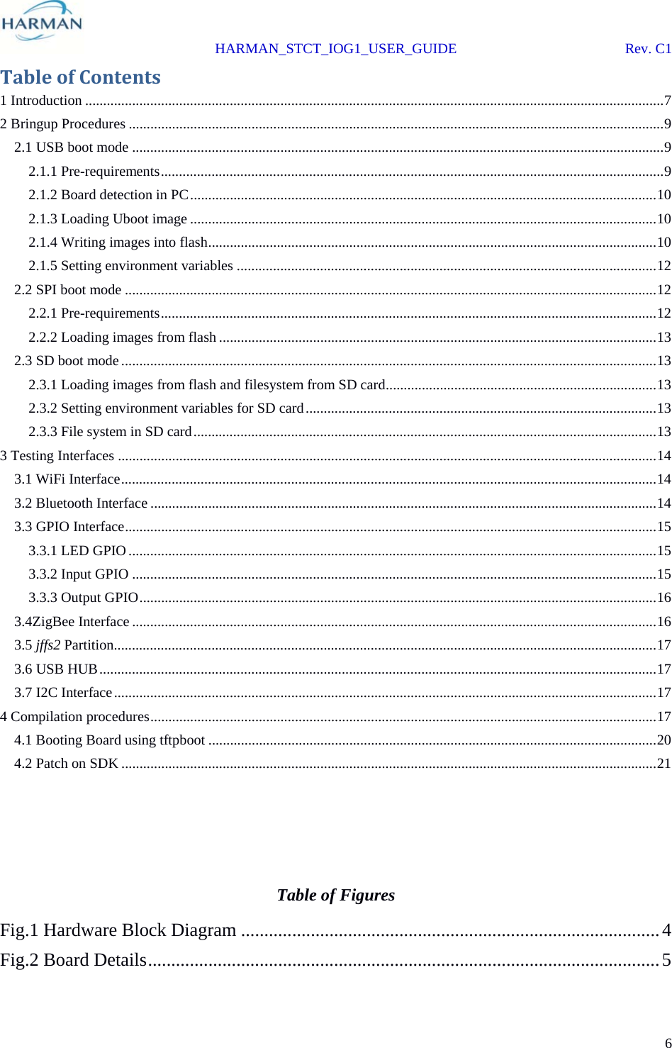  HARMAN_STCT_IOG1_USER_GUIDE Rev. C1 6  TableofContents1 Introduction ................................................................................................................................................................72 Bringup Procedures ....................................................................................................................................................92.1 USB boot mode ...................................................................................................................................................92.1.1 Pre-requirements...........................................................................................................................................92.1.2 Board detection in PC.................................................................................................................................102.1.3 Loading Uboot image .................................................................................................................................102.1.4 Writing images into flash............................................................................................................................102.1.5 Setting environment variables ....................................................................................................................122.2 SPI boot mode ...................................................................................................................................................122.2.1 Pre-requirements.........................................................................................................................................122.2.2 Loading images from flash .........................................................................................................................132.3 SD boot mode....................................................................................................................................................132.3.1 Loading images from flash and filesystem from SD card...........................................................................132.3.2 Setting environment variables for SD card.................................................................................................132.3.3 File system in SD card................................................................................................................................133 Testing Interfaces .....................................................................................................................................................143.1 WiFi Interface....................................................................................................................................................143.2 Bluetooth Interface ............................................................................................................................................143.3 GPIO Interface...................................................................................................................................................153.3.1 LED GPIO..................................................................................................................................................153.3.2 Input GPIO .................................................................................................................................................153.3.3 Output GPIO...............................................................................................................................................163.4ZigBee Interface .................................................................................................................................................163.5 jffs2 Partition......................................................................................................................................................173.6 USB HUB..........................................................................................................................................................173.7 I2C Interface......................................................................................................................................................174 Compilation procedures............................................................................................................................................174.1 Booting Board using tftpboot ............................................................................................................................204.2 Patch on SDK ....................................................................................................................................................21   Table of Figures Fig.1 Hardware Block Diagram ..........................................................................................4 Fig.2 Board Details..............................................................................................................5 