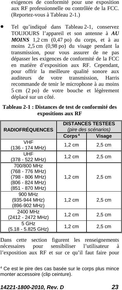 14221-1800-2010, Rev. D 23 exigences de conformité pour une exposition aux RF professionnelle ou contrôlée de la FCC. (Reportez-vous à Tableau 2-1.) • Tel qu’indiqué dans Tableau 2-1, conservez TOUJOURS l’appareil et son antenne à AU MOINS 1,2 cm (0,47 po) du corps, et à au moins 2,5 cm (0,98 po) du visage pendant la transmission, pour vous assurer de ne pas dépasser les exigences de conformité de la FCC en matière d’exposition aux RF. Cependant, pour offrir la meilleure qualité sonore aux auditeurs de votre transmission, Harris recommande de tenir le microphone à au moins 5 cm (2 po) de votre bouche et légèrement déplacé sur un côté. Tableau 2-1 : Distances de test de conformité des expositions aux RF RADIOFRÉQUENCES DISTANCES TESTÉES (pire des scénarios) Corps4 Visage VHF (136 - 174 MHz) 1,2 cm 2,5 cm UHF (378 - 522 MHz) 1,2 cm 2,5 cm 700/800 MHz (768 - 776 MHz) (798 - 806 MHz) (806 - 824 MHz) (851 - 870 MHz) 1,2 cm 2,5 cm 900 MHz (935-944 MHz) (896-902 MHz) 1,2 cm  2,5 cm 2400 MHz (2412 - 2472 MHz) 1,2 cm 2,5 cm 5 GHz (5.18 - 5.825 GHz) 1,2 cm 2,5 cm Dans cette section figurent les renseignements nécessaires pour sensibiliser l’utilisateur à l’exposition aux RF et sur ce qu’il faut faire pour  4 Ce est le pire des cas basée sur le corps plus mince monter accessoire (clip ceinture). 