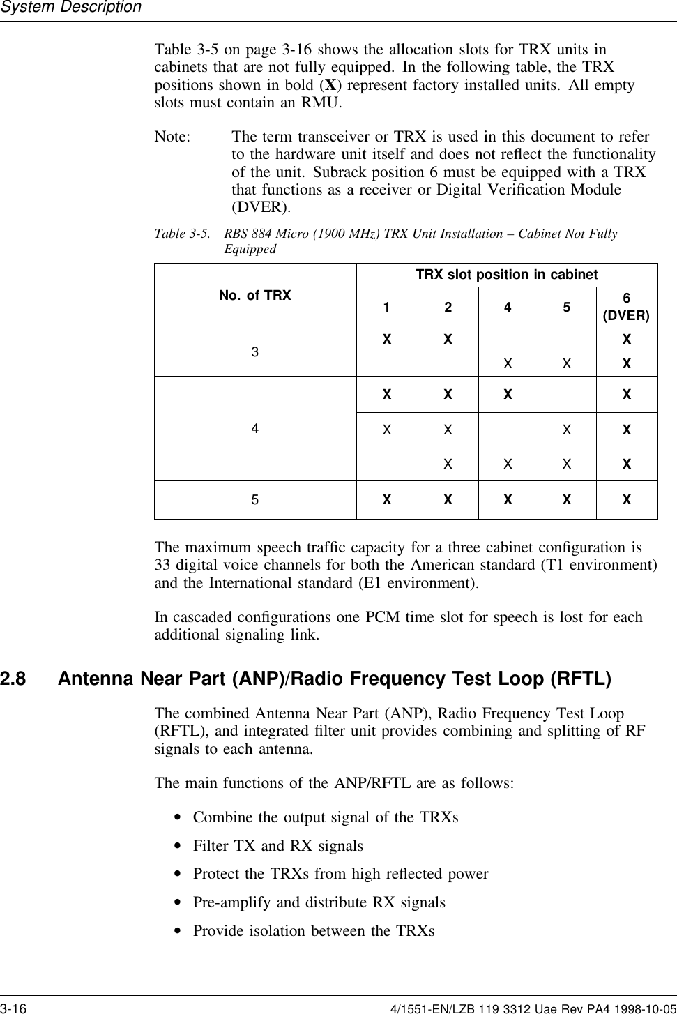 System DescriptionTable 3-5 on page 3-16 shows the allocation slots for TRX units incabinets that are not fully equipped. In the following table, the TRXpositions shown in bold (X) represent factory installed units. All emptyslots must contain an RMU.Note: The term transceiver or TRX is used in this document to referto the hardware unit itself and does not reﬂect the functionalityof the unit. Subrack position 6 must be equipped with a TRXthat functions as a receiver or Digital Veriﬁcation Module(DVER).Table 3-5. RBS 884 Micro (1900 MHz) TRX Unit Installation – Cabinet Not FullyEquippedTRX slot position in cabinetNo. of TRX 1 2 4 5 6(DVER)X X X3X X XX X X XX X X X4XXXX5X X X X XThe maximum speech trafﬁc capacity for a three cabinet conﬁguration is33 digital voice channels for both the American standard (T1 environment)and the International standard (E1 environment).In cascaded conﬁgurations one PCM time slot for speech is lost for eachadditional signaling link.2.8 Antenna Near Part (ANP)/Radio Frequency Test Loop (RFTL)The combined Antenna Near Part (ANP), Radio Frequency Test Loop(RFTL), and integrated ﬁlter unit provides combining and splitting of RFsignals to each antenna.The main functions of the ANP/RFTL are as follows:•Combine the output signal of the TRXs•Filter TX and RX signals•Protect the TRXs from high reﬂected power•Pre-amplify and distribute RX signals•Provide isolation between the TRXs3-16 4/1551-EN/LZB 119 3312 Uae Rev PA4 1998-10-05