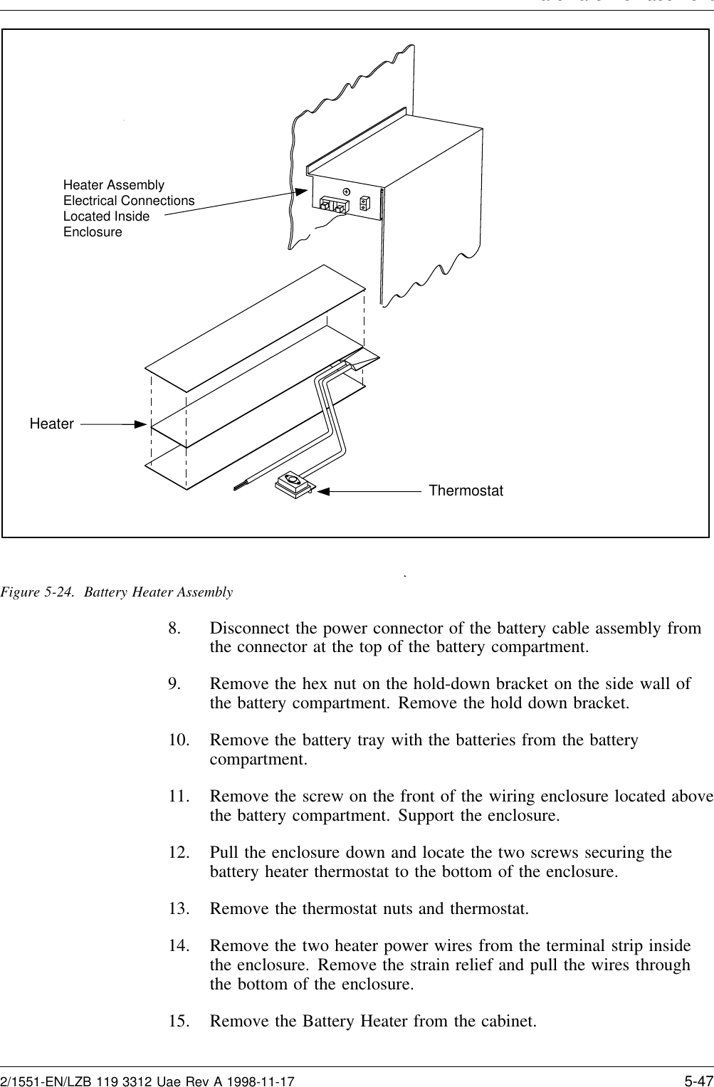 Hardware Re lacementHeater AssemblyElectrical ConnectionsLocated InsideEnclosureThermostatHeaterFigure 5-24. Battery Heater Assembly8. Disconnect the power connector of the battery cable assembly fromthe connector at the top of the battery compartment.9. Remove the hex nut on the hold-down bracket on the side wall ofthe battery compartment. Remove the hold down bracket.10. Remove the battery tray with the batteries from the batterycompartment.11. Remove the screw on the front of the wiring enclosure located abovethe battery compartment. Support the enclosure.12. Pull the enclosure down and locate the two screws securing thebattery heater thermostat to the bottom of the enclosure.13. Remove the thermostat nuts and thermostat.14. Remove the two heater power wires from the terminal strip insidethe enclosure. Remove the strain relief and pull the wires throughthe bottom of the enclosure.15. Remove the Battery Heater from the cabinet.2/1551-EN/LZB 119 3312 Uae Rev A 1998-11-17 5-47