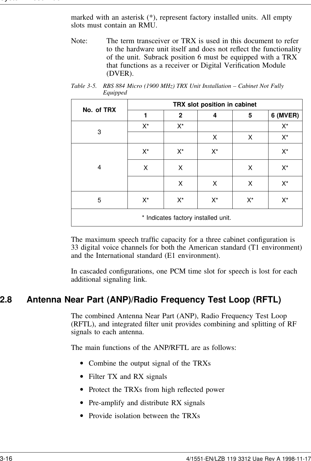 System Descri tionmarked with an asterisk (*), represent factory installed units. All emptyslots must contain an RMU.Note: The term transceiver or TRX is used in this document to referto the hardware unit itself and does not reﬂect the functionalityof the unit. Subrack position 6 must be equipped with a TRXthat functions as a receiver or Digital Veriﬁcation Module(DVER).Table 3-5. RBS 884 Micro (1900 MHz) TRX Unit Installation – Cabinet Not FullyEquippedTRX slot position in cabinetNo. of TRX 1 2 4 5 6 (MVER)X* X* X*3X X X*X* X* X* X*X X X X*4X X X X*5 X* X* X* X* X** Indicates factory installed unit.The maximum speech trafﬁc capacity for a three cabinet conﬁguration is33 digital voice channels for both the American standard (T1 environment)and the International standard (E1 environment).In cascaded conﬁgurations, one PCM time slot for speech is lost for eachadditional signaling link.2.8 Antenna Near Part (ANP)/Radio Frequency Test Loop (RFTL)The combined Antenna Near Part (ANP), Radio Frequency Test Loop(RFTL), and integrated ﬁlter unit provides combining and splitting of RFsignals to each antenna.The main functions of the ANP/RFTL are as follows:•Combine the output signal of the TRXs•Filter TX and RX signals•Protect the TRXs from high reﬂected power•Pre-amplify and distribute RX signals•Provide isolation between the TRXs3-16 4/1551-EN/LZB 119 3312 Uae Rev A 1998-11-17