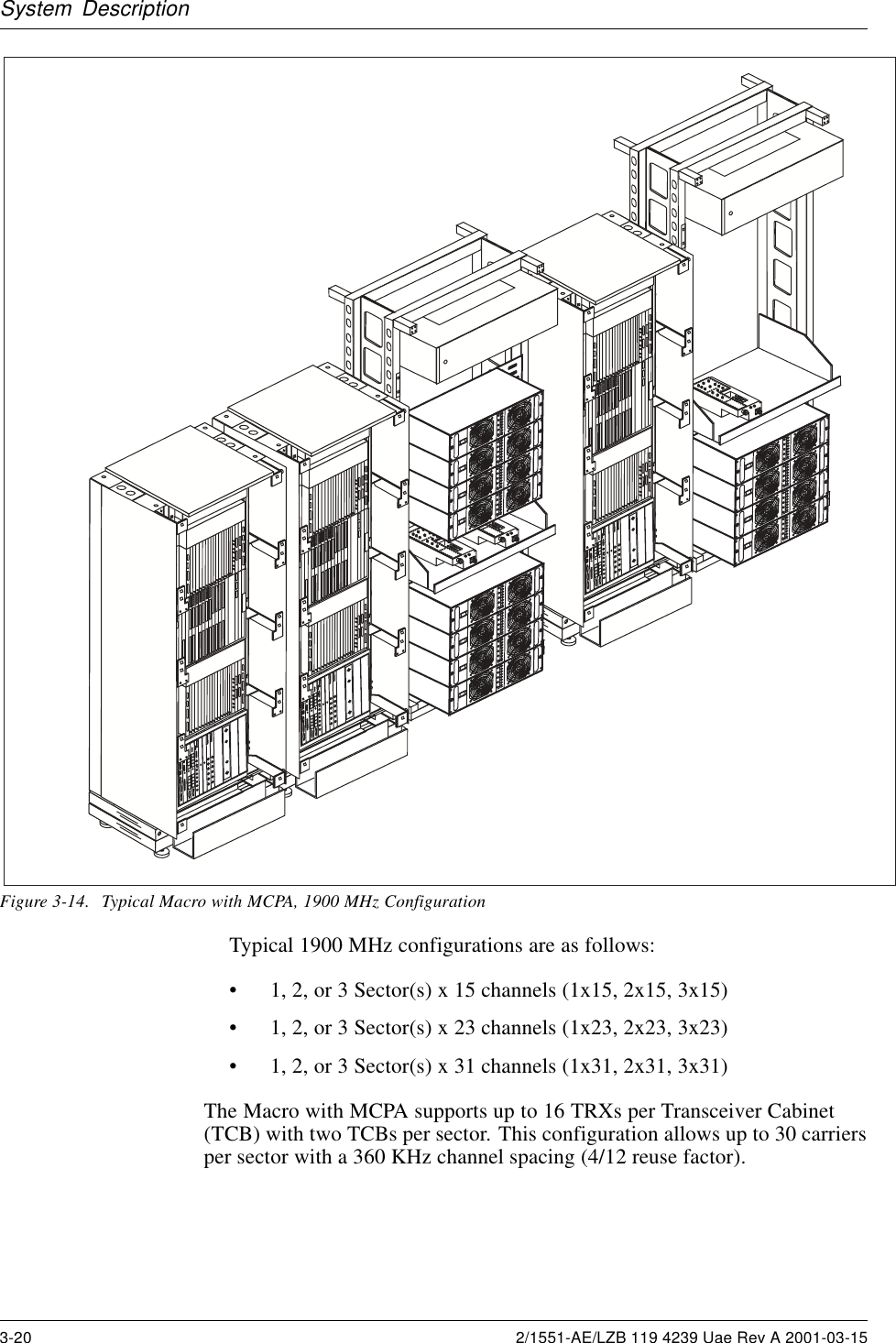 System Description1234AMPLIFIER1234AMPLIFIERON    OFFON    OFFON    OFFON    OFF1234AMPLIFIER1234AMPLIFIERON    OFFON    OFFON    OFFON    OFF1234AMPLIFIER1234AMPLIFIERON    OFFON    OFFON    OFFON    OFFFigure 3-14. Typical Macro with MCPA, 1900 MHz ConfigurationTypical 1900 MHz configurations are as follows:• 1, 2, or 3 Sector(s) x 15 channels (1x15, 2x15, 3x15)• 1, 2, or 3 Sector(s) x 23 channels (1x23, 2x23, 3x23)• 1, 2, or 3 Sector(s) x 31 channels (1x31, 2x31, 3x31)The Macro with MCPA supports up to 16 TRXs per Transceiver Cabinet(TCB) with two TCBs per sector. This configuration allows up to 30 carriersper sector with a 360 KHz channel spacing (4/12 reuse factor).3-20 2/1551-AE/LZB 119 4239 Uae Rev A 2001-03-15