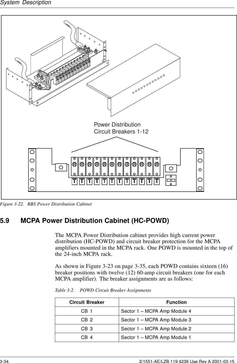 System DescriptionPower DistributionCircuit Breakers 1-12Figure 3-22. RBS Power Distribution Cabinet5.9 MCPA Power Distribution Cabinet (HC-POWD)The MCPA Power Distribution cabinet provides high current powerdistribution (HC-POWD) and circuit breaker protection for the MCPAamplifiers mounted in the MCPA rack. One POWD is mounted in the top ofthe 24-inch MCPA rack.As shown in Figure 3-23 on page 3-35, each POWD contains sixteen (16)breaker positions with twelve (12) 60-amp circuit breakers (one for eachMCPA amplifier). The breaker assignments are as follows:Table 3-2. POWD Circuit Breaker AssignmentsCircuit Breaker FunctionCB 1 Sector 1 –MCPAAmpModule4CB 2 Sector 1 – MCPA Amp Module 3CB 3 Sector 1 – MCPA Amp Module 2CB 4 Sector 1 – MCPA Amp Module 13-34 2/1551-AE/LZB 119 4239 Uae Rev A 2001-03-15