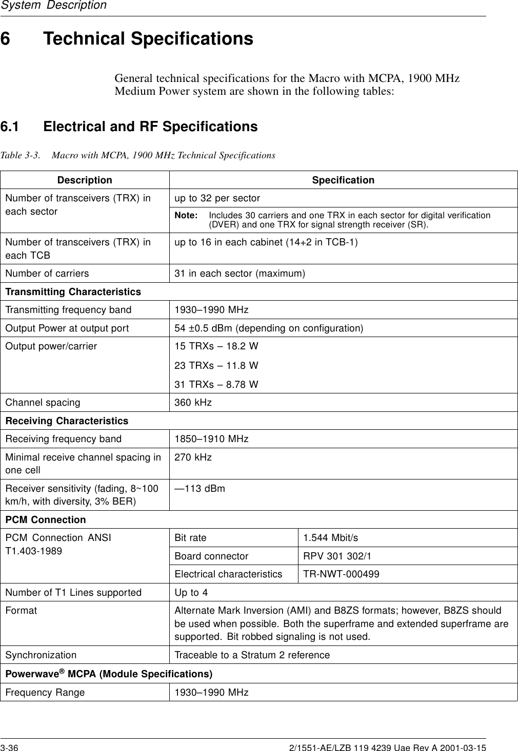 System Description6 Technical SpecificationsGeneral technical specifications for the Macro with MCPA, 1900 MHzMedium Power system are shown in the following tables:6.1 Electrical and RF SpecificationsTable 3-3. Macro with MCPA, 1900 MHz Technical SpecificationsDescription Specificationup to 32 per sectorNumber of transceivers (TRX) ineach sector Note: Includes 30 carriers and one TRX in each sector for digital verification(DVER) and one TRX for signal strength receiver (SR).Number of transceivers (TRX) ineach TCBup to 16 in each cabinet (14+2 in TCB-1)Number of carriers 31 in each sector (maximum)Transmitting CharacteristicsTransmitting frequency band 1930–1990 MHzOutput Power at output port 54 ±0.5 dBm (depending on configuration)Output power/carrier 15TRXs–18.2W23TRXs–11.8W31TRXs–8.78WChannel spacing 360 kHzReceiving CharacteristicsReceiving frequency band 1850–1910 MHzMinimal receive channel spacing inone cell270 kHzReceiver sensitivity (fading, 8~100km/h, with diversity, 3% BER)—113 dBmPCM ConnectionBit rate 1.544 Mbit/sBoard connector RPV 301 302/1PCM Connection ANSIT1.403-1989Electrical characteristics TR-NWT-000499Number of T1 Lines supported Up to 4Format Alternate Mark Inversion (AMI) and B8ZS formats; however, B8ZS shouldbe used when possible. Both the superframe and extended superframe aresupported. Bit robbed signaling is not used.Synchronization Traceable to a Stratum 2 referencePowerwave®MCPA (Module Specifications)Frequency Range 1930–1990 MHz3-36 2/1551-AE/LZB 119 4239 Uae Rev A 2001-03-15