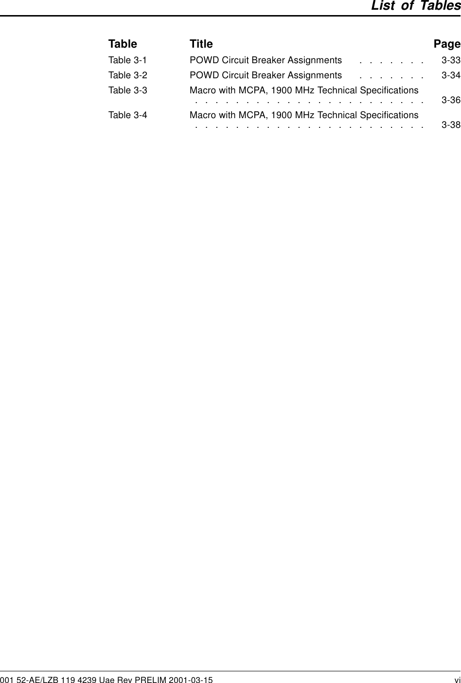 List of TablesTable Title PageTable 3-1 POWD Circuit Breaker Assignments . . . . . . . 3-33Table 3-2 POWD Circuit Breaker Assignments . . . . . . . 3-34Table 3-3 Macro with MCPA, 1900 MHz Technical Specifications....................... 3-36Table 3-4 Macro with MCPA, 1900 MHz Technical Specifications....................... 3-38001 52-AE/LZB 119 4239 Uae Rev PRELIM 2001-03-15 vi