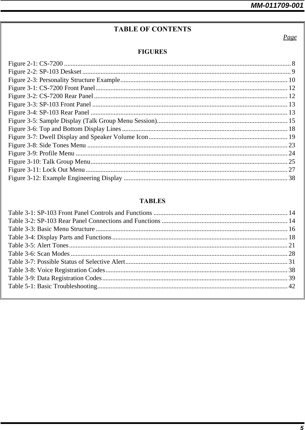 MM-011709-001 5 TABLE OF CONTENTS  Page FIGURES Figure 2-1: CS-7200 ......................................................................................................................................... 8 Figure 2-2: SP-103 Deskset.............................................................................................................................. 9 Figure 2-3: Personality Structure Example..................................................................................................... 10 Figure 3-1: CS-7200 Front Panel.................................................................................................................... 12 Figure 3-2: CS-7200 Rear Panel..................................................................................................................... 12 Figure 3-3: SP-103 Front Panel ...................................................................................................................... 13 Figure 3-4: SP-103 Rear Panel ....................................................................................................................... 13 Figure 3-5: Sample Display (Talk Group Menu Session)............................................................................... 15 Figure 3-6: Top and Bottom Display Lines.................................................................................................... 18 Figure 3-7: Dwell Display and Speaker Volume Icon.................................................................................... 19 Figure 3-8: Side Tones Menu ......................................................................................................................... 23 Figure 3-9: Profile Menu ................................................................................................................................ 24 Figure 3-10: Talk Group Menu....................................................................................................................... 25 Figure 3-11: Lock Out Menu.......................................................................................................................... 27 Figure 3-12: Example Engineering Display ................................................................................................... 38  TABLES Table 3-1: SP-103 Front Panel Controls and Functions ................................................................................. 14 Table 3-2: SP-103 Rear Panel Connections and Functions ............................................................................ 14 Table 3-3: Basic Menu Structure.................................................................................................................... 16 Table 3-4: Display Parts and Functions.......................................................................................................... 18 Table 3-5: Alert Tones.................................................................................................................................... 21 Table 3-6: Scan Modes ................................................................................................................................... 28 Table 3-7: Possible Status of Selective Alert.................................................................................................. 31 Table 3-8: Voice Registration Codes.............................................................................................................. 38 Table 3-9: Data Registration Codes................................................................................................................ 39 Table 5-1: Basic Troubleshooting................................................................................................................... 42  
