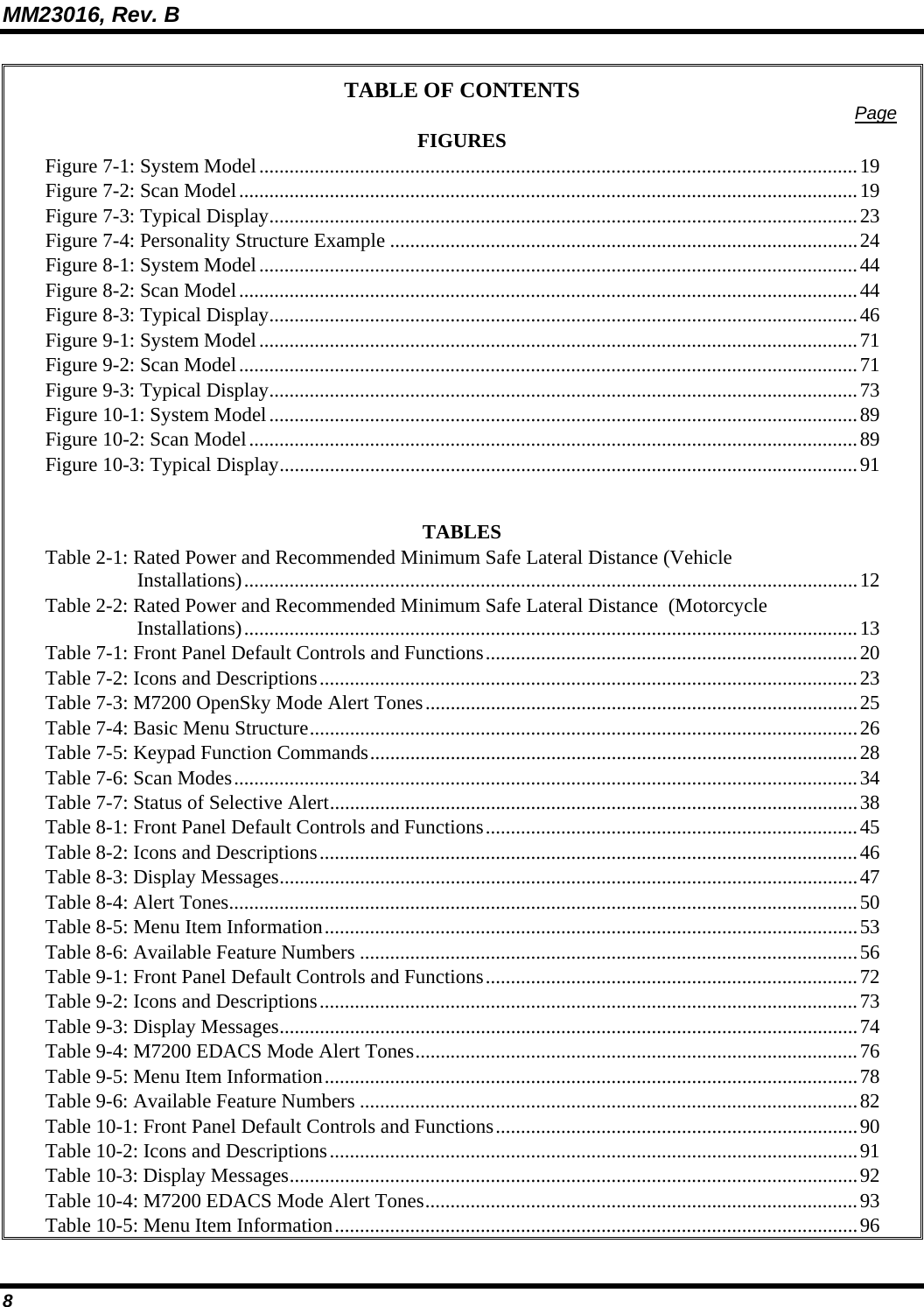 MM23016, Rev. B 8 TABLE OF CONTENTS  Page FIGURES Figure 7-1: System Model.......................................................................................................................19 Figure 7-2: Scan Model...........................................................................................................................19 Figure 7-3: Typical Display.....................................................................................................................23 Figure 7-4: Personality Structure Example .............................................................................................24 Figure 8-1: System Model.......................................................................................................................44 Figure 8-2: Scan Model...........................................................................................................................44 Figure 8-3: Typical Display.....................................................................................................................46 Figure 9-1: System Model.......................................................................................................................71 Figure 9-2: Scan Model...........................................................................................................................71 Figure 9-3: Typical Display.....................................................................................................................73 Figure 10-1: System Model.....................................................................................................................89 Figure 10-2: Scan Model.........................................................................................................................89 Figure 10-3: Typical Display...................................................................................................................91   TABLES Table 2-1: Rated Power and Recommended Minimum Safe Lateral Distance (Vehicle Installations)..........................................................................................................................12 Table 2-2: Rated Power and Recommended Minimum Safe Lateral Distance  (Motorcycle Installations)..........................................................................................................................13 Table 7-1: Front Panel Default Controls and Functions..........................................................................20 Table 7-2: Icons and Descriptions...........................................................................................................23 Table 7-3: M7200 OpenSky Mode Alert Tones......................................................................................25 Table 7-4: Basic Menu Structure.............................................................................................................26 Table 7-5: Keypad Function Commands.................................................................................................28 Table 7-6: Scan Modes............................................................................................................................34 Table 7-7: Status of Selective Alert.........................................................................................................38 Table 8-1: Front Panel Default Controls and Functions..........................................................................45 Table 8-2: Icons and Descriptions...........................................................................................................46 Table 8-3: Display Messages...................................................................................................................47 Table 8-4: Alert Tones.............................................................................................................................50 Table 8-5: Menu Item Information..........................................................................................................53 Table 8-6: Available Feature Numbers ...................................................................................................56 Table 9-1: Front Panel Default Controls and Functions..........................................................................72 Table 9-2: Icons and Descriptions...........................................................................................................73 Table 9-3: Display Messages...................................................................................................................74 Table 9-4: M7200 EDACS Mode Alert Tones........................................................................................76 Table 9-5: Menu Item Information..........................................................................................................78 Table 9-6: Available Feature Numbers ...................................................................................................82 Table 10-1: Front Panel Default Controls and Functions........................................................................90 Table 10-2: Icons and Descriptions.........................................................................................................91 Table 10-3: Display Messages.................................................................................................................92 Table 10-4: M7200 EDACS Mode Alert Tones......................................................................................93 Table 10-5: Menu Item Information........................................................................................................96 