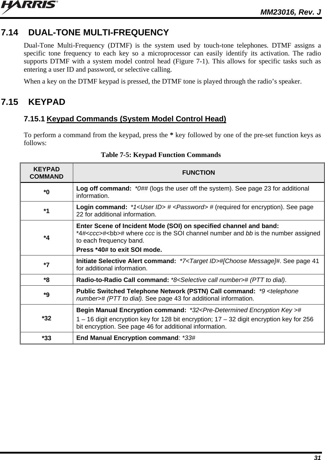  MM23016, Rev. J 31 7.14  DUAL-TONE MULTI-FREQUENCY Dual-Tone Multi-Frequency (DTMF) is the system used by touch-tone telephones. DTMF assigns a specific tone frequency to each key so a microprocessor can easily identify its activation. The radio supports DTMF with a system model control head (Figure 7-1). This allows for specific tasks such as entering a user ID and password, or selective calling. When a key on the DTMF keypad is pressed, the DTMF tone is played through the radio’s speaker. 7.15  KEYPAD 7.15.1 Keypad Commands (System Model Control Head) To perform a command from the keypad, press the * key followed by one of the pre-set function keys as follows: Table 7-5: Keypad Function Commands KEYPAD COMMAND  FUNCTION *0  Log off command: *0## (logs the user off the system). See page 23 for additional information. *1  Login command: *1&lt;User ID&gt; # &lt;Password&gt; # (required for encryption). See page 22 for additional information. *4 Enter Scene of Incident Mode (SOI) on specified channel and band: *4#&lt;ccc&gt;#&lt;bb&gt;# where ccc is the SOI channel number and bb is the number assigned to each frequency band.  Press *40# to exit SOI mode. *7  Initiate Selective Alert command:  *7&lt;Target ID&gt;#[Choose Message]#. See page 41 for additional information. *8  Radio-to-Radio Call command: *8&lt;Selective call number&gt;# (PTT to dial).  *9  Public Switched Telephone Network (PSTN) Call command:  *9 &lt;telephone number&gt;# (PTT to dial). See page 43 for additional information. *32  Begin Manual Encryption command: *32&lt;Pre-Determined Encryption Key &gt;#  1 – 16 digit encryption key for 128 bit encryption; 17 – 32 digit encryption key for 256 bit encryption. See page 46 for additional information. *33  End Manual Encryption command: *33# 