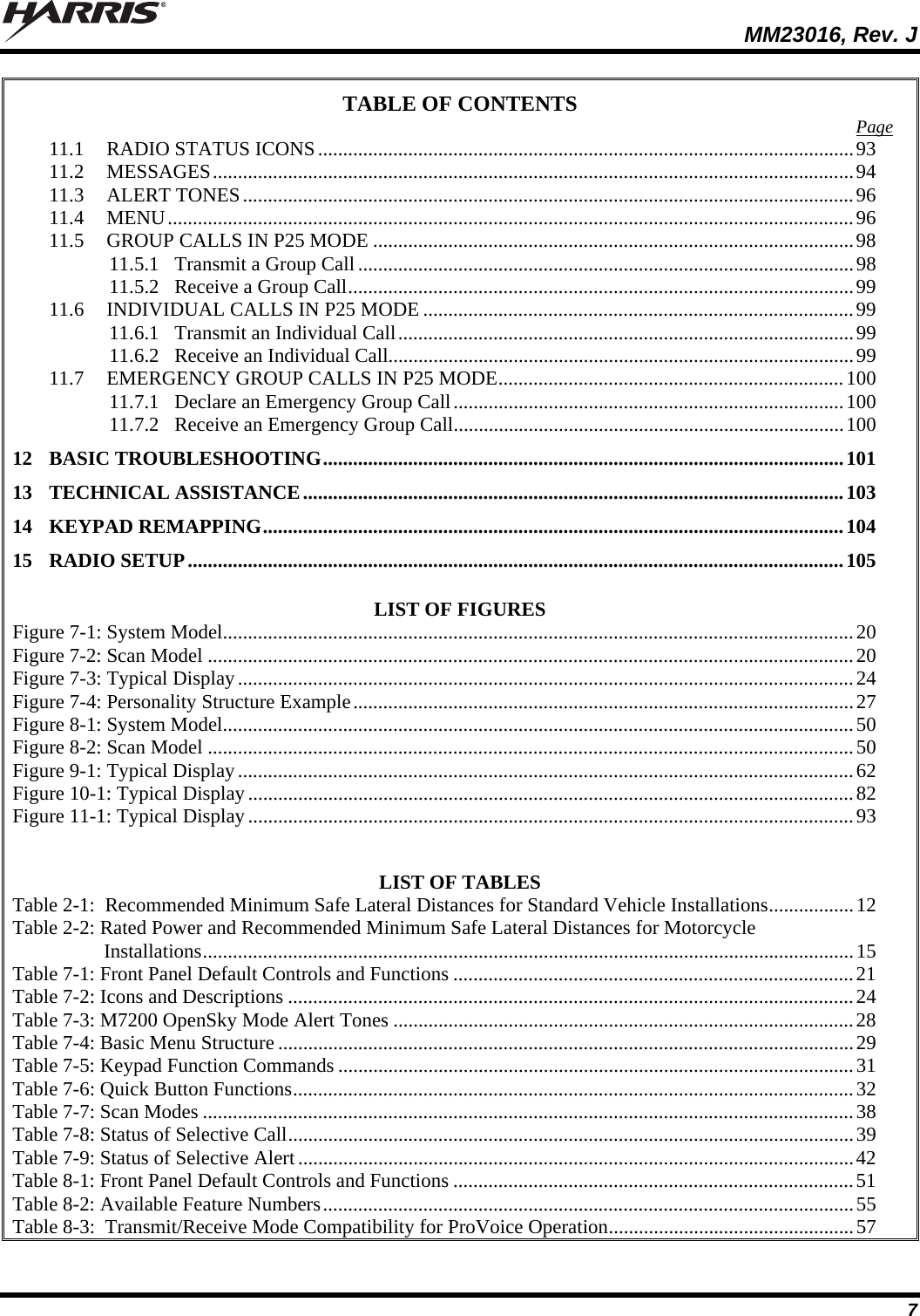  MM23016, Rev. J 7 TABLE OF CONTENTS  Page 11.1 RADIO STATUS ICONS...........................................................................................................93 11.2 MESSAGES................................................................................................................................94 11.3 ALERT TONES..........................................................................................................................96 11.4 MENU.........................................................................................................................................96 11.5 GROUP CALLS IN P25 MODE ................................................................................................98 11.5.1 Transmit a Group Call...................................................................................................98 11.5.2 Receive a Group Call.....................................................................................................99 11.6 INDIVIDUAL CALLS IN P25 MODE ......................................................................................99 11.6.1 Transmit an Individual Call...........................................................................................99 11.6.2 Receive an Individual Call.............................................................................................99 11.7 EMERGENCY GROUP CALLS IN P25 MODE.....................................................................100 11.7.1 Declare an Emergency Group Call..............................................................................100 11.7.2 Receive an Emergency Group Call..............................................................................100 12 BASIC TROUBLESHOOTING........................................................................................................101 13 TECHNICAL ASSISTANCE............................................................................................................103 14 KEYPAD REMAPPING....................................................................................................................104 15 RADIO SETUP...................................................................................................................................105  LIST OF FIGURES Figure 7-1: System Model..............................................................................................................................20 Figure 7-2: Scan Model .................................................................................................................................20 Figure 7-3: Typical Display...........................................................................................................................24 Figure 7-4: Personality Structure Example....................................................................................................27 Figure 8-1: System Model..............................................................................................................................50 Figure 8-2: Scan Model .................................................................................................................................50 Figure 9-1: Typical Display...........................................................................................................................62 Figure 10-1: Typical Display.........................................................................................................................82 Figure 11-1: Typical Display.........................................................................................................................93   LIST OF TABLES Table 2-1:  Recommended Minimum Safe Lateral Distances for Standard Vehicle Installations.................12 Table 2-2: Rated Power and Recommended Minimum Safe Lateral Distances for Motorcycle Installations..................................................................................................................................15 Table 7-1: Front Panel Default Controls and Functions ................................................................................21 Table 7-2: Icons and Descriptions .................................................................................................................24 Table 7-3: M7200 OpenSky Mode Alert Tones ............................................................................................28 Table 7-4: Basic Menu Structure ...................................................................................................................29 Table 7-5: Keypad Function Commands .......................................................................................................31 Table 7-6: Quick Button Functions................................................................................................................32 Table 7-7: Scan Modes ..................................................................................................................................38 Table 7-8: Status of Selective Call.................................................................................................................39 Table 7-9: Status of Selective Alert...............................................................................................................42 Table 8-1: Front Panel Default Controls and Functions ................................................................................51 Table 8-2: Available Feature Numbers..........................................................................................................55 Table 8-3:  Transmit/Receive Mode Compatibility for ProVoice Operation.................................................57 