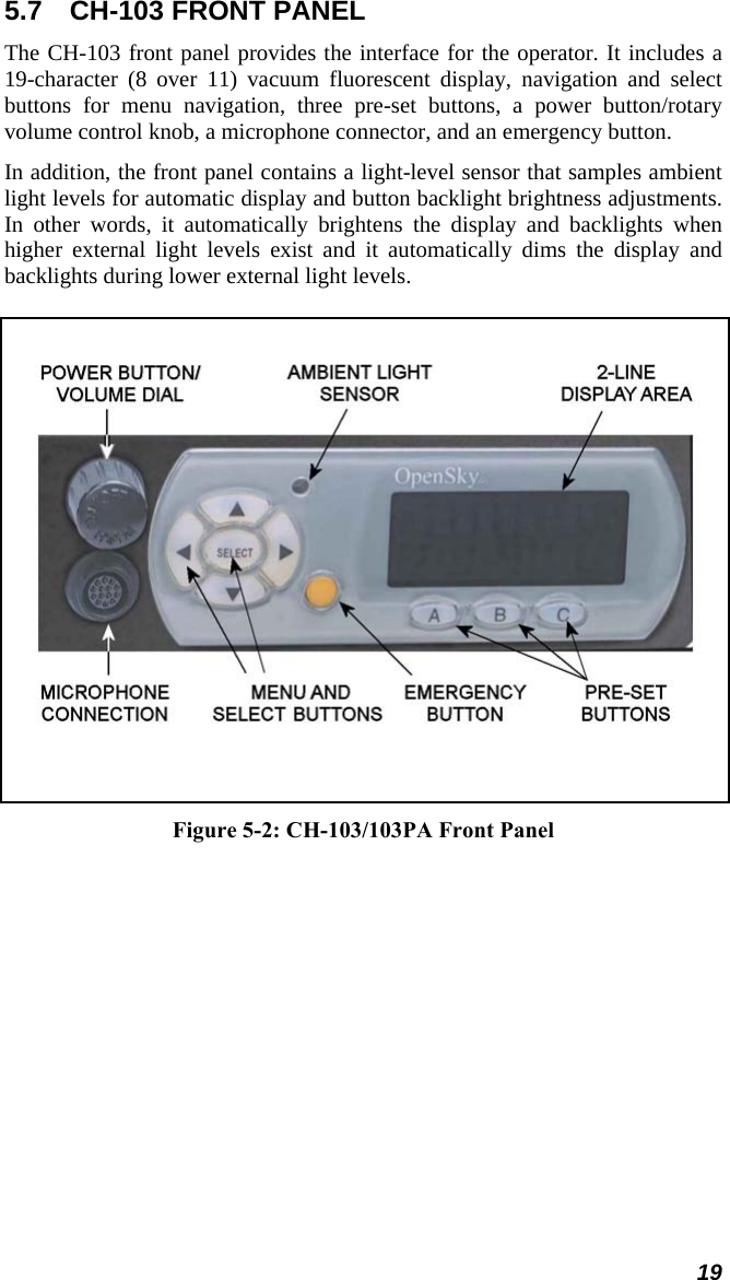 5.7  CH-103 FRONT PANEL The CH-103 front panel provides the interface for the operator. It includes a 19-character (8 over 11) vacuum fluorescent display, navigation and select buttons for menu navigation, three pre-set buttons, a power button/rotary volume control knob, a microphone connector, and an emergency button. In addition, the front panel contains a light-level sensor that samples ambient light levels for automatic display and button backlight brightness adjustments. In other words, it automatically brightens the display and backlights when higher external light levels exist and it automatically dims the display and backlights during lower external light levels.     Figure 5-2: CH-103/103PA Front Panel    19 