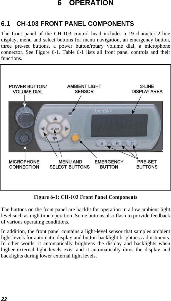 6 OPERATION 6.1  CH-103 FRONT PANEL COMPONENTS The front panel of the CH-103 control head includes a 19-character 2-line display, menu and select buttons for menu navigation, an emergency button, three pre-set buttons, a power button/rotary volume dial, a microphone connector. See Figure 6-1.  Table 6-1 lists all front panel controls and their functions.      Figure 6-1: CH-103 Front Panel Components The buttons on the front panel are backlit for operation in a low ambient light level such as nighttime operation. Some buttons also flash to provide feedback of various operating conditions. In addition, the front panel contains a light-level sensor that samples ambient light levels for automatic display and button backlight brightness adjustments. In other words, it automatically brightens the display and backlights when higher external light levels exist and it automatically dims the display and backlights during lower external light levels. 22 