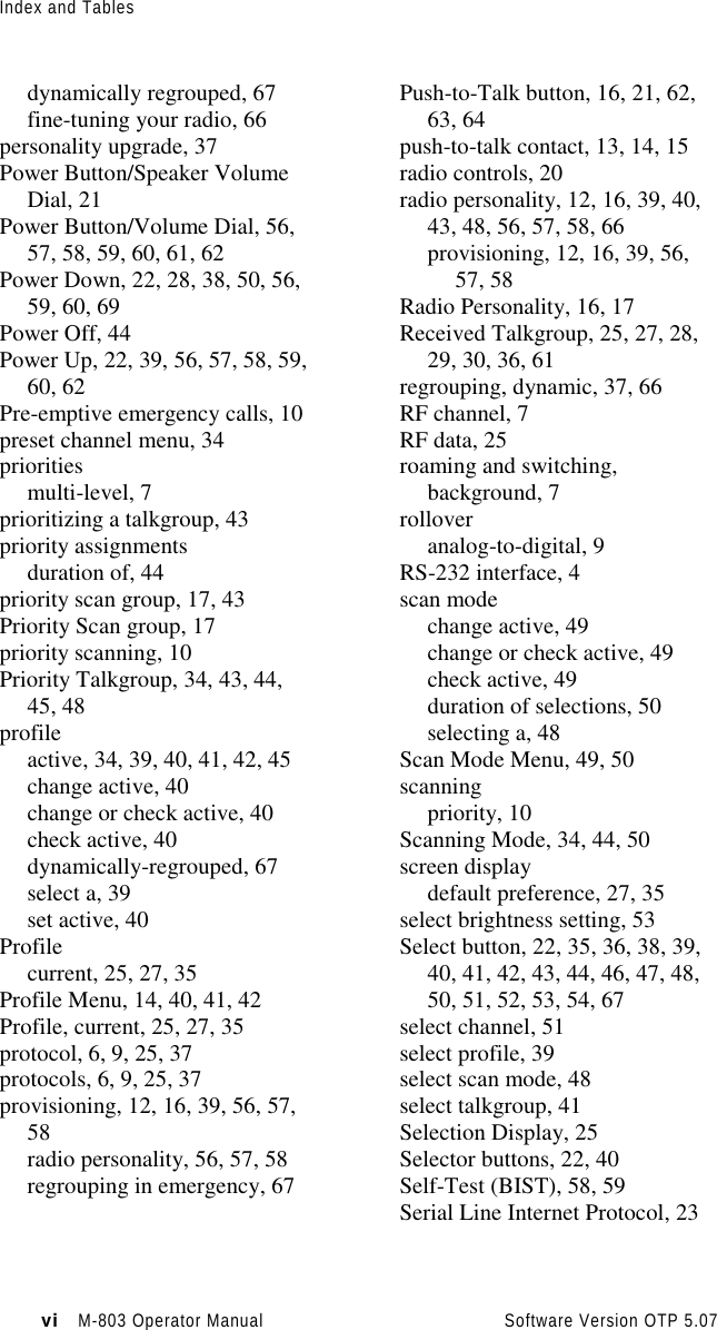 Index and Tablesvi   M-803 Operator Manual     Software Version OTP 5.07dynamically regrouped, 67fine-tuning your radio, 66personality upgrade, 37Power Button/Speaker VolumeDial, 21Power Button/Volume Dial, 56,57, 58, 59, 60, 61, 62Power Down, 22, 28, 38, 50, 56,59, 60, 69Power Off, 44Power Up, 22, 39, 56, 57, 58, 59,60, 62Pre-emptive emergency calls, 10preset channel menu, 34prioritiesmulti-level, 7prioritizing a talkgroup, 43priority assignmentsduration of, 44priority scan group, 17, 43Priority Scan group, 17priority scanning, 10Priority Talkgroup, 34, 43, 44,45, 48profileactive, 34, 39, 40, 41, 42, 45change active, 40change or check active, 40check active, 40dynamically-regrouped, 67select a, 39set active, 40Profilecurrent, 25, 27, 35Profile Menu, 14, 40, 41, 42Profile, current, 25, 27, 35protocol, 6, 9, 25, 37protocols, 6, 9, 25, 37provisioning, 12, 16, 39, 56, 57,58radio personality, 56, 57, 58regrouping in emergency, 67Push-to-Talk button, 16, 21, 62,63, 64push-to-talk contact, 13, 14, 15radio controls, 20radio personality, 12, 16, 39, 40,43, 48, 56, 57, 58, 66provisioning, 12, 16, 39, 56,57, 58Radio Personality, 16, 17Received Talkgroup, 25, 27, 28,29, 30, 36, 61regrouping, dynamic, 37, 66RF channel, 7RF data, 25roaming and switching,background, 7rolloveranalog-to-digital, 9RS-232 interface, 4scan modechange active, 49change or check active, 49check active, 49duration of selections, 50selecting a, 48Scan Mode Menu, 49, 50scanningpriority, 10Scanning Mode, 34, 44, 50screen displaydefault preference, 27, 35select brightness setting, 53Select button, 22, 35, 36, 38, 39,40, 41, 42, 43, 44, 46, 47, 48,50, 51, 52, 53, 54, 67select channel, 51select profile, 39select scan mode, 48select talkgroup, 41Selection Display, 25Selector buttons, 22, 40Self-Test (BIST), 58, 59Serial Line Internet Protocol, 23