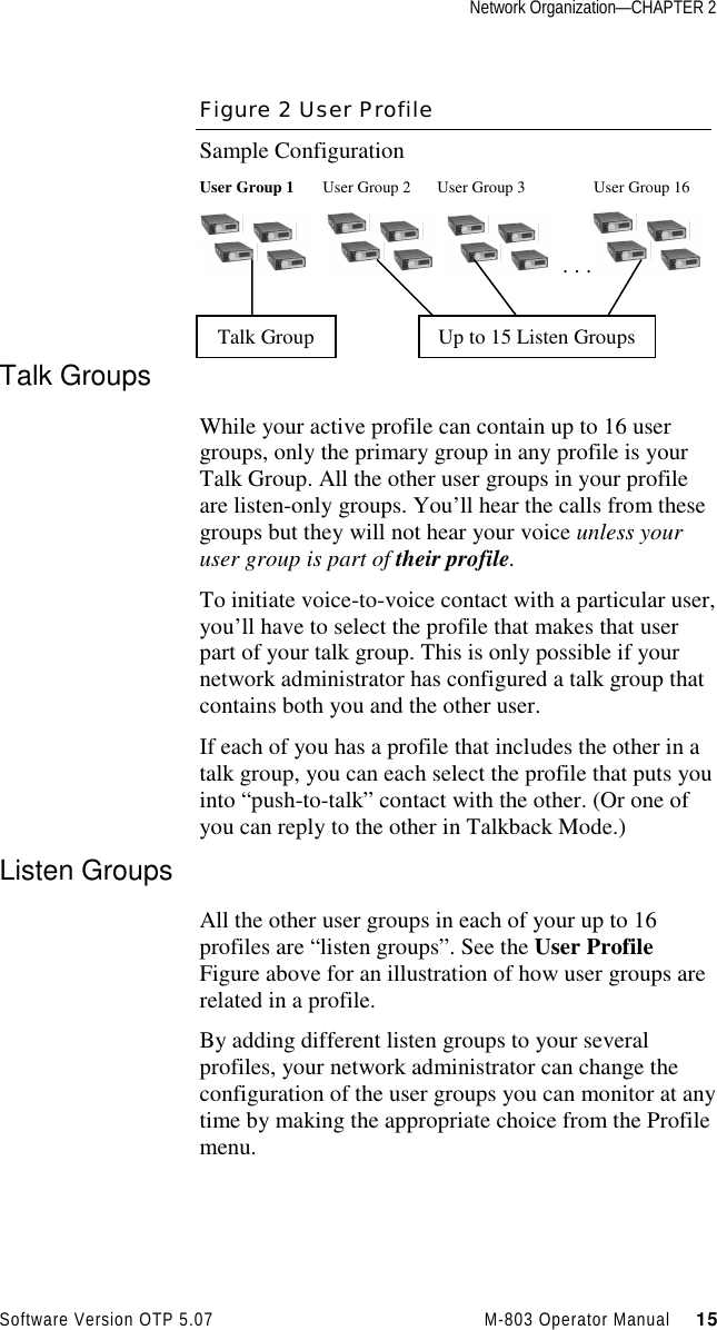 Network Organization—CHAPTER 2Software Version OTP 5.07 M-803 Operator Manual     15Figure 2 User ProfileSample ConfigurationUser Group 1 User Group 2 User Group 3 User Group 16         . . .Talk GroupsWhile your active profile can contain up to 16 usergroups, only the primary group in any profile is yourTalk Group. All the other user groups in your profileare listen-only groups. You’ll hear the calls from thesegroups but they will not hear your voice unless youruser group is part of their profile.To initiate voice-to-voice contact with a particular user,you’ll have to select the profile that makes that userpart of your talk group. This is only possible if yournetwork administrator has configured a talk group thatcontains both you and the other user.If each of you has a profile that includes the other in atalk group, you can each select the profile that puts youinto “push-to-talk” contact with the other. (Or one ofyou can reply to the other in Talkback Mode.)Listen GroupsAll the other user groups in each of your up to 16profiles are “listen groups”. See the User ProfileFigure above for an illustration of how user groups arerelated in a profile.By adding different listen groups to your severalprofiles, your network administrator can change theconfiguration of the user groups you can monitor at anytime by making the appropriate choice from the Profilemenu.Talk Group Up to 15 Listen Groups