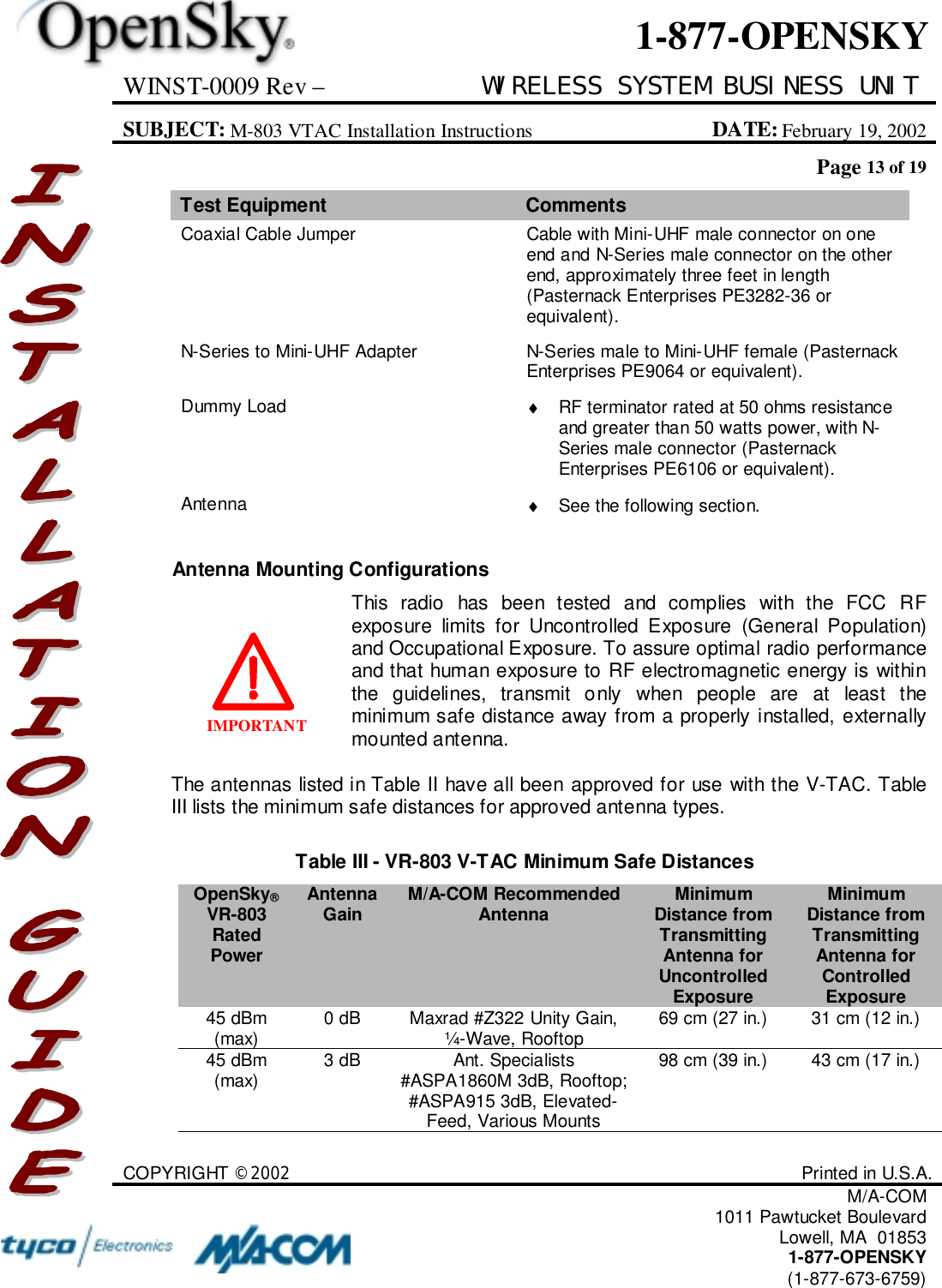 WINST-0009 Rev – WIRELESS SYSTEM BUSINESS UNITSUBJECT: M-803 VTAC Installation Instructions DATE: February 19, 2002Page 13 of 19COPYRIGHT ©2002 Printed in U.S.A.M/A-COM1011 Pawtucket BoulevardLowell, MA  018531-877-OPENSKY(1-877-673-6759)1-877-OPENSKYIMPORTANTTest Equipment CommentsCoaxial Cable Jumper Cable with Mini-UHF male connector on oneend and N-Series male connector on the otherend, approximately three feet in length(Pasternack Enterprises PE3282-36 orequivalent).N-Series to Mini-UHF Adapter N-Series male to Mini-UHF female (PasternackEnterprises PE9064 or equivalent).Dummy Load ♦  RF terminator rated at 50 ohms resistanceand greater than 50 watts power, with N-Series male connector (PasternackEnterprises PE6106 or equivalent).Antenna ♦  See the following section.Antenna Mounting ConfigurationsThis radio has been tested and complies with the FCC RFexposure limits for Uncontrolled Exposure (General Population)and Occupational Exposure. To assure optimal radio performanceand that human exposure to RF electromagnetic energy is withinthe guidelines, transmit only when people are at least theminimum safe distance away from a properly installed, externallymounted antenna.The antennas listed in Table II have all been approved for use with the V-TAC. TableIII lists the minimum safe distances for approved antenna types.Table III - VR-803 V-TAC Minimum Safe DistancesOpenSky®VR-803RatedPowerAntennaGain M/A-COM RecommendedAntenna MinimumDistance fromTransmittingAntenna forUncontrolledExposureMinimumDistance fromTransmittingAntenna forControlledExposure45 dBm(max) 0 dB Maxrad #Z322 Unity Gain,¼-Wave, Rooftop 69 cm (27 in.) 31 cm (12 in.)45 dBm(max) 3 dB Ant. Specialists#ASPA1860M 3dB, Rooftop;#ASPA915 3dB, Elevated-Feed, Various Mounts98 cm (39 in.) 43 cm (17 in.)