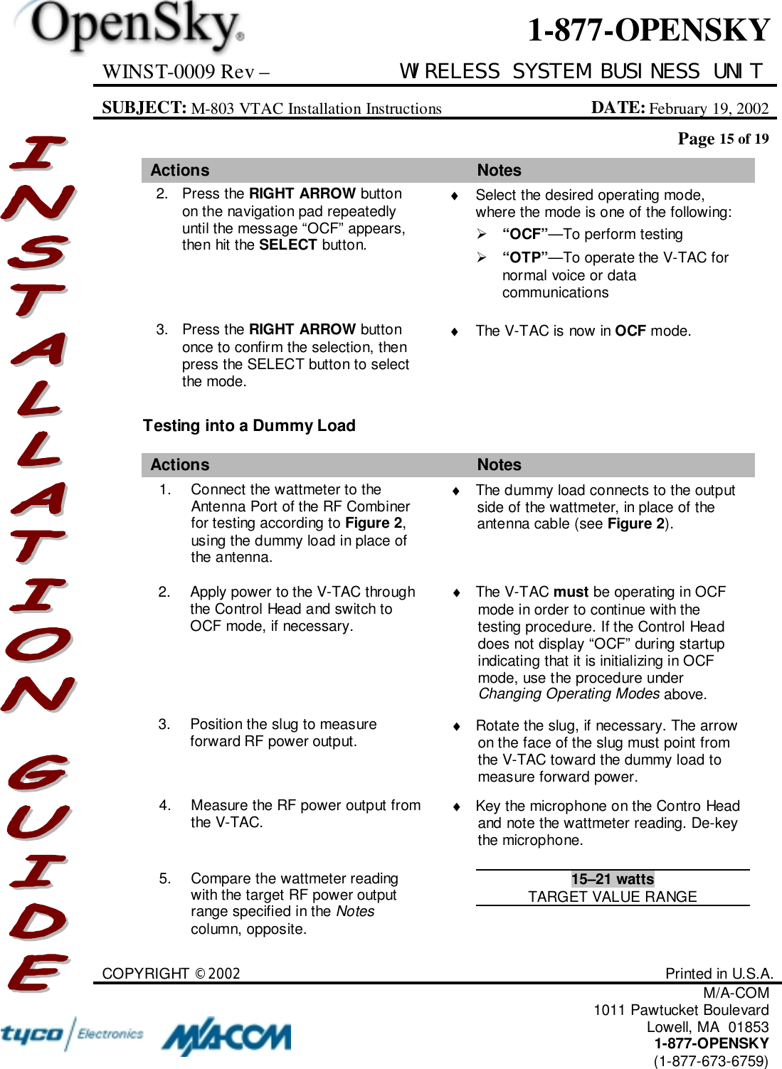 WINST-0009 Rev – WIRELESS SYSTEM BUSINESS UNITSUBJECT: M-803 VTAC Installation Instructions DATE: February 19, 2002Page 15 of 19COPYRIGHT ©2002 Printed in U.S.A.M/A-COM1011 Pawtucket BoulevardLowell, MA  018531-877-OPENSKY(1-877-673-6759)1-877-OPENSKYActions Notes2. Press the RIGHT ARROW buttonon the navigation pad repeatedlyuntil the message “OCF” appears,then hit the SELECT button.♦  Select the desired operating mode,where the mode is one of the following:! “OCF”—To perform testing! “OTP”—To operate the V-TAC fornormal voice or datacommunications3. Press the RIGHT ARROW buttononce to confirm the selection, thenpress the SELECT button to selectthe mode.♦  The V-TAC is now in OCF mode.Testing into a Dummy LoadActions Notes1. Connect the wattmeter to theAntenna Port of the RF Combinerfor testing according to Figure 2,using the dummy load in place ofthe antenna.♦  The dummy load connects to the outputside of the wattmeter, in place of theantenna cable (see Figure 2).2. Apply power to the V-TAC throughthe Control Head and switch toOCF mode, if necessary.♦ The V-TAC must be operating in OCFmode in order to continue with thetesting procedure. If the Control Headdoes not display “OCF” during startupindicating that it is initializing in OCFmode, use the procedure underChanging Operating Modes above.3. Position the slug to measureforward RF power output. ♦  Rotate the slug, if necessary. The arrowon the face of the slug must point fromthe V-TAC toward the dummy load tomeasure forward power.4. Measure the RF power output fromthe V-TAC. ♦  Key the microphone on the Contro Headand note the wattmeter reading. De-keythe microphone.5. Compare the wattmeter readingwith the target RF power outputrange specified in the Notescolumn, opposite.15–21 wattsTARGET VALUE RANGE