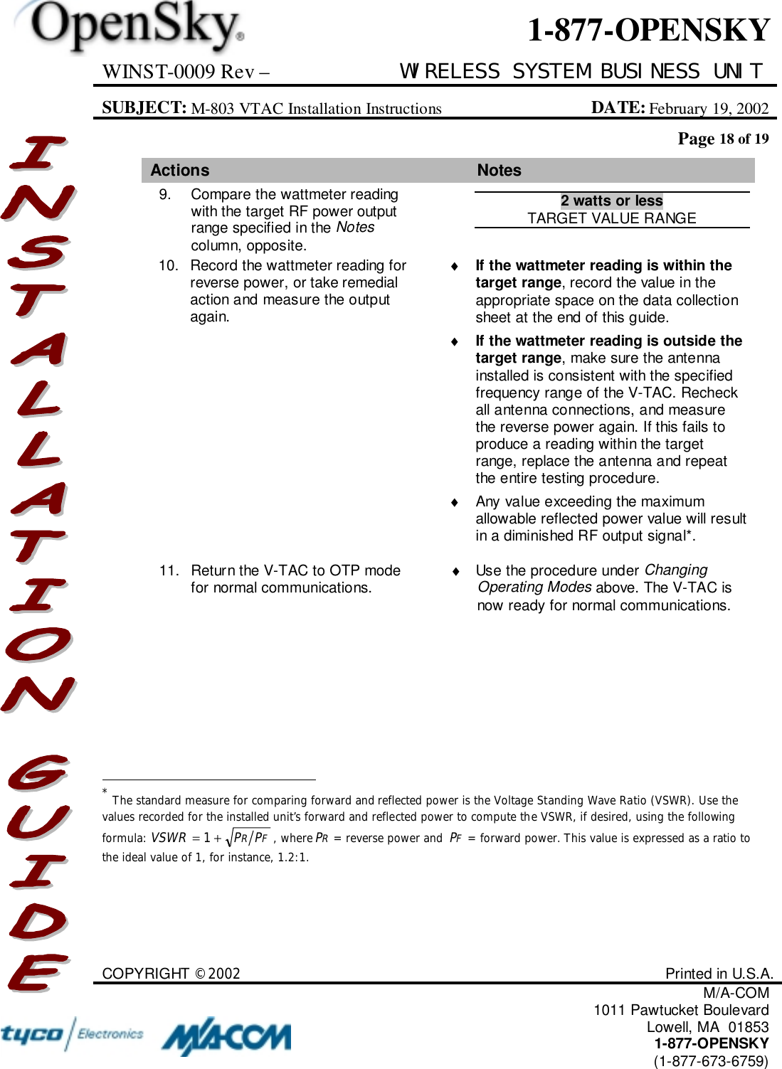 WINST-0009 Rev – WIRELESS SYSTEM BUSINESS UNITSUBJECT: M-803 VTAC Installation Instructions DATE: February 19, 2002Page 18 of 19COPYRIGHT ©2002 Printed in U.S.A.M/A-COM1011 Pawtucket BoulevardLowell, MA  018531-877-OPENSKY(1-877-673-6759)1-877-OPENSKYActions Notes9. Compare the wattmeter readingwith the target RF power outputrange specified in the Notescolumn, opposite.2 watts or lessTARGET VALUE RANGE10. Record the wattmeter reading forreverse power, or take remedialaction and measure the outputagain.♦ If the wattmeter reading is within thetarget range, record the value in theappropriate space on the data collectionsheet at the end of this guide.♦ If the wattmeter reading is outside thetarget range, make sure the antennainstalled is consistent with the specifiedfrequency range of the V-TAC. Recheckall antenna connections, and measurethe reverse power again. If this fails toproduce a reading within the targetrange, replace the antenna and repeatthe entire testing procedure.♦  Any value exceeding the maximumallowable reflected power value will resultin a diminished RF output signal*.11. Return the V-TAC to OTP modefor normal communications. ♦  Use the procedure under ChangingOperating Modes above. The V-TAC isnow ready for normal communications.                                                          * The standard measure for comparing forward and reflected power is the Voltage Standing Wave Ratio (VSWR). Use thevalues recorded for the installed unit’s forward and reflected power to compute the VSWR, if desired, using the followingformula: FR PPVSWR+= 1, whereRP= reverse power and FP= forward power. This value is expressed as a ratio tothe ideal value of 1, for instance, 1.2:1.