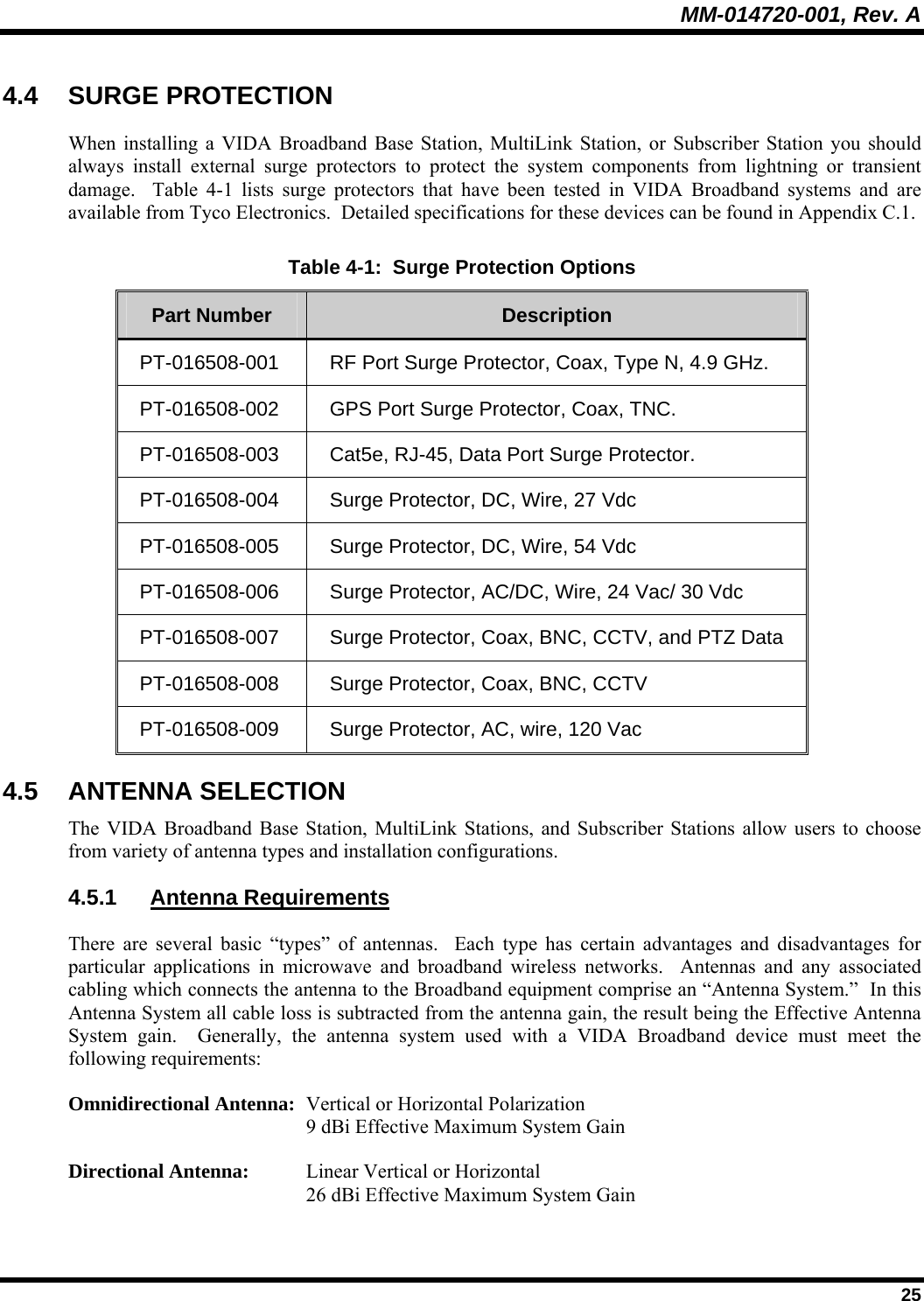 MM-014720-001, Rev. A  25 4.4 SURGE PROTECTION When installing a VIDA Broadband Base Station, MultiLink Station, or Subscriber Station you should always install external surge protectors to protect the system components from lightning or transient damage.  Table 4-1 lists surge protectors that have been tested in VIDA Broadband systems and are available from Tyco Electronics.  Detailed specifications for these devices can be found in Appendix C.1.  Table 4-1:  Surge Protection Options Part Number  Description PT-016508-001  RF Port Surge Protector, Coax, Type N, 4.9 GHz. PT-016508-002  GPS Port Surge Protector, Coax, TNC. PT-016508-003  Cat5e, RJ-45, Data Port Surge Protector. PT-016508-004  Surge Protector, DC, Wire, 27 Vdc  PT-016508-005  Surge Protector, DC, Wire, 54 Vdc  PT-016508-006  Surge Protector, AC/DC, Wire, 24 Vac/ 30 Vdc PT-016508-007  Surge Protector, Coax, BNC, CCTV, and PTZ Data PT-016508-008  Surge Protector, Coax, BNC, CCTV  PT-016508-009  Surge Protector, AC, wire, 120 Vac  4.5 ANTENNA SELECTION The VIDA Broadband Base Station, MultiLink Stations, and Subscriber Stations allow users to choose from variety of antenna types and installation configurations.   4.5.1 Antenna Requirements There are several basic “types” of antennas.  Each type has certain advantages and disadvantages for particular applications in microwave and broadband wireless networks.  Antennas and any associated cabling which connects the antenna to the Broadband equipment comprise an “Antenna System.”  In this Antenna System all cable loss is subtracted from the antenna gain, the result being the Effective Antenna System gain.  Generally, the antenna system used with a VIDA Broadband device must meet the following requirements: Omnidirectional Antenna:  Vertical or Horizontal Polarization   9 dBi Effective Maximum System Gain Directional Antenna:  Linear Vertical or Horizontal   26 dBi Effective Maximum System Gain  