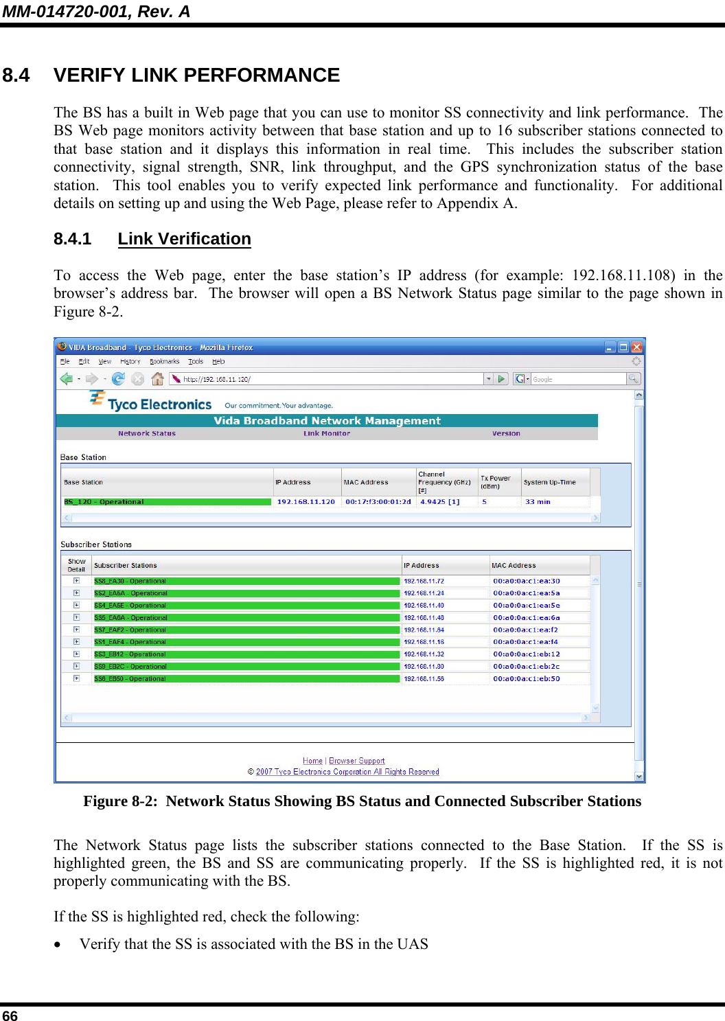 MM-014720-001, Rev. A 66 8.4  VERIFY LINK PERFORMANCE The BS has a built in Web page that you can use to monitor SS connectivity and link performance.  The BS Web page monitors activity between that base station and up to 16 subscriber stations connected to that base station and it displays this information in real time.  This includes the subscriber station connectivity, signal strength, SNR, link throughput, and the GPS synchronization status of the base station.  This tool enables you to verify expected link performance and functionality.  For additional details on setting up and using the Web Page, please refer to Appendix A. 8.4.1 Link Verification To access the Web page, enter the base station’s IP address (for example: 192.168.11.108) in the browser’s address bar.  The browser will open a BS Network Status page similar to the page shown in Figure 8-2.  Figure 8-2:  Network Status Showing BS Status and Connected Subscriber Stations The Network Status page lists the subscriber stations connected to the Base Station.  If the SS is highlighted green, the BS and SS are communicating properly.  If the SS is highlighted red, it is not properly communicating with the BS.   If the SS is highlighted red, check the following: • Verify that the SS is associated with the BS in the UAS  