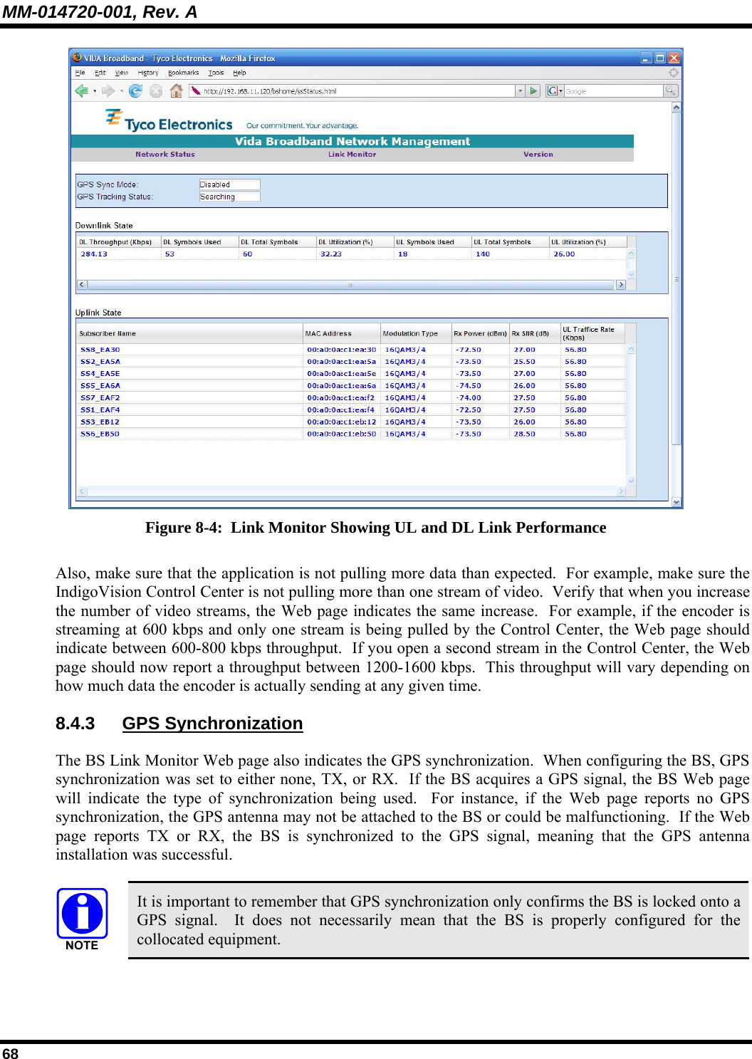 MM-014720-001, Rev. A 68  Figure 8-4:  Link Monitor Showing UL and DL Link Performance Also, make sure that the application is not pulling more data than expected.  For example, make sure the IndigoVision Control Center is not pulling more than one stream of video.  Verify that when you increase the number of video streams, the Web page indicates the same increase.  For example, if the encoder is streaming at 600 kbps and only one stream is being pulled by the Control Center, the Web page should indicate between 600-800 kbps throughput.  If you open a second stream in the Control Center, the Web page should now report a throughput between 1200-1600 kbps.  This throughput will vary depending on how much data the encoder is actually sending at any given time. 8.4.3 GPS Synchronization  The BS Link Monitor Web page also indicates the GPS synchronization.  When configuring the BS, GPS synchronization was set to either none, TX, or RX.  If the BS acquires a GPS signal, the BS Web page will indicate the type of synchronization being used.  For instance, if the Web page reports no GPS synchronization, the GPS antenna may not be attached to the BS or could be malfunctioning.  If the Web page reports TX or RX, the BS is synchronized to the GPS signal, meaning that the GPS antenna installation was successful.     It is important to remember that GPS synchronization only confirms the BS is locked onto a GPS signal.  It does not necessarily mean that the BS is properly configured for the collocated equipment. 