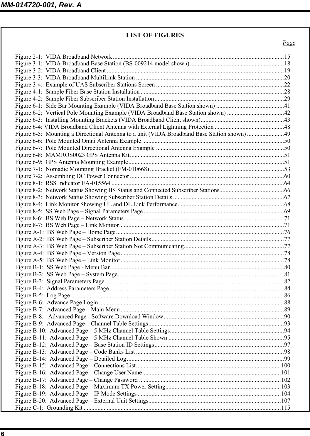 MM-014720-001, Rev. A 6  LIST OF FIGURES  Page  Figure 2-1:  VIDA Broadband Network ...............................................................................................................15 Figure 3-1:  VIDA Broadband Base Station (BS-009214 model shown).............................................................18 Figure 3-2:  VIDA Broadband Client ...................................................................................................................19 Figure 3-3:  VIDA Broadband MultiLink Station ................................................................................................20 Figure 3-4:  Example of UAS Subscriber Stations Screen ...................................................................................22 Figure 4-1:  Sample Fiber Base Station Installation .............................................................................................28 Figure 4-2:  Sample Fiber Subscriber Station Installation....................................................................................29 Figure 6-1:  Side Bar Mounting Example (VIDA Broadband Base Station shown) ............................................41 Figure 6-2:  Vertical Pole Mounting Example (VIDA Broadband Base Station shown) .....................................42 Figure 6-3:  Installing Mounting Brackets (VIDA Broadband Client shown)......................................................43 Figure 6-4: VIDA Broadband Client Antenna with External Lightning Protection .............................................48 Figure 6-5:  Mounting a Directional Antenna to a unit (VIDA Broadband Base Station shown) ........................49 Figure 6-6:  Pole Mounted Omni Antenna Example ............................................................................................50 Figure 6-7:  Pole Mounted Directional Antenna Example ...................................................................................50 Figure 6-8:  MAMROS0023 GPS Antenna Kit....................................................................................................51 Figure 6-9:  GPS Antenna Mounting Example.....................................................................................................51 Figure 7-1:  Nomadic Mounting Bracket (FM-010668) .......................................................................................53 Figure 7-2:  Assembling DC Power Connector ....................................................................................................60 Figure 8-1:  RSS Indicator EA-015564 ................................................................................................................64 Figure 8-2:  Network Status Showing BS Status and Connected Subscriber Stations..........................................66 Figure 8-3:  Network Status Showing Subscriber Station Details ........................................................................67 Figure 8-4:  Link Monitor Showing UL and DL Link Performance.....................................................................68 Figure 8-5:  SS Web Page – Signal Parameters Page ...........................................................................................69 Figure 8-6:  BS Web Page – Network Status........................................................................................................71 Figure 8-7:  BS Web Page – Link Monitor...........................................................................................................71 Figure A-1:  BS Web Page – Home Page.............................................................................................................76 Figure A-2:  BS Web Page – Subscriber Station Details......................................................................................77 Figure A-3:  BS Web Page – Subscriber Station Not Communicating.................................................................77 Figure A-4:  BS Web Page – Version Page..........................................................................................................78 Figure A-5:  BS Web Page – Link Monitor..........................................................................................................78 Figure B-1:  SS Web Page - Menu Bar.................................................................................................................80 Figure B-2:  SS Web Page – System Page............................................................................................................81 Figure B-3:  Signal Parameters Page ....................................................................................................................82 Figure B-4:  Address Parameters Page .................................................................................................................84 Figure B-5:  Log Page ..........................................................................................................................................86 Figure B-6:  Advance Page Login ........................................................................................................................88 Figure B-7:  Advanced Page – Main Menu ..........................................................................................................89 Figure B-8:   Advanced Page - Software Download Window..............................................................................90 Figure B-9:  Advanced Page – Channel Table Settings........................................................................................93 Figure B-10:  Advanced Page – 5 MHz Channel Table Settings..........................................................................94 Figure B-11:  Advanced Page – 5 MHz Channel Table Shown ...........................................................................95 Figure B-12:  Advanced Page – Base Station ID Settings....................................................................................97 Figure B-13:  Advanced Page – Code Banks List ................................................................................................98 Figure B-14:  Advanced Page – Detailed Log......................................................................................................99 Figure B-15:  Advanced Page – Connections List..............................................................................................100 Figure B-16:  Advanced Page – Change User Name..........................................................................................101 Figure B-17:  Advanced Page – Change Password ............................................................................................102 Figure B-18:  Advanced Page – Maximum TX Power Setting...........................................................................103 Figure B-19:  Advanced Page – IP Mode Settings .............................................................................................104 Figure B-20:  Advanced Page – External Unit Settings......................................................................................107 Figure C-1:  Grounding Kit ................................................................................................................................115 